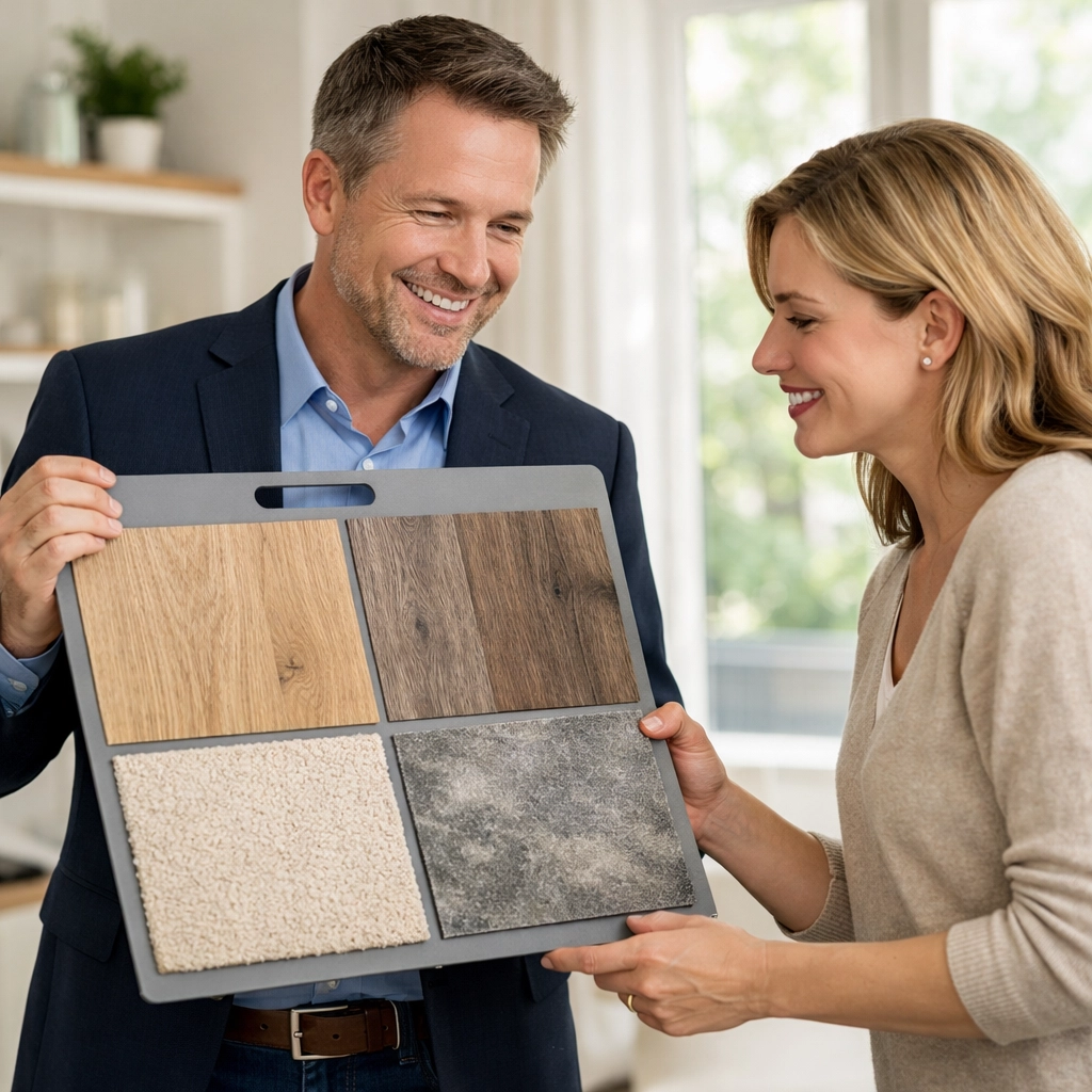 Expert flooring consultant helping a Saskatoon landlord select durable materials for a rental property.