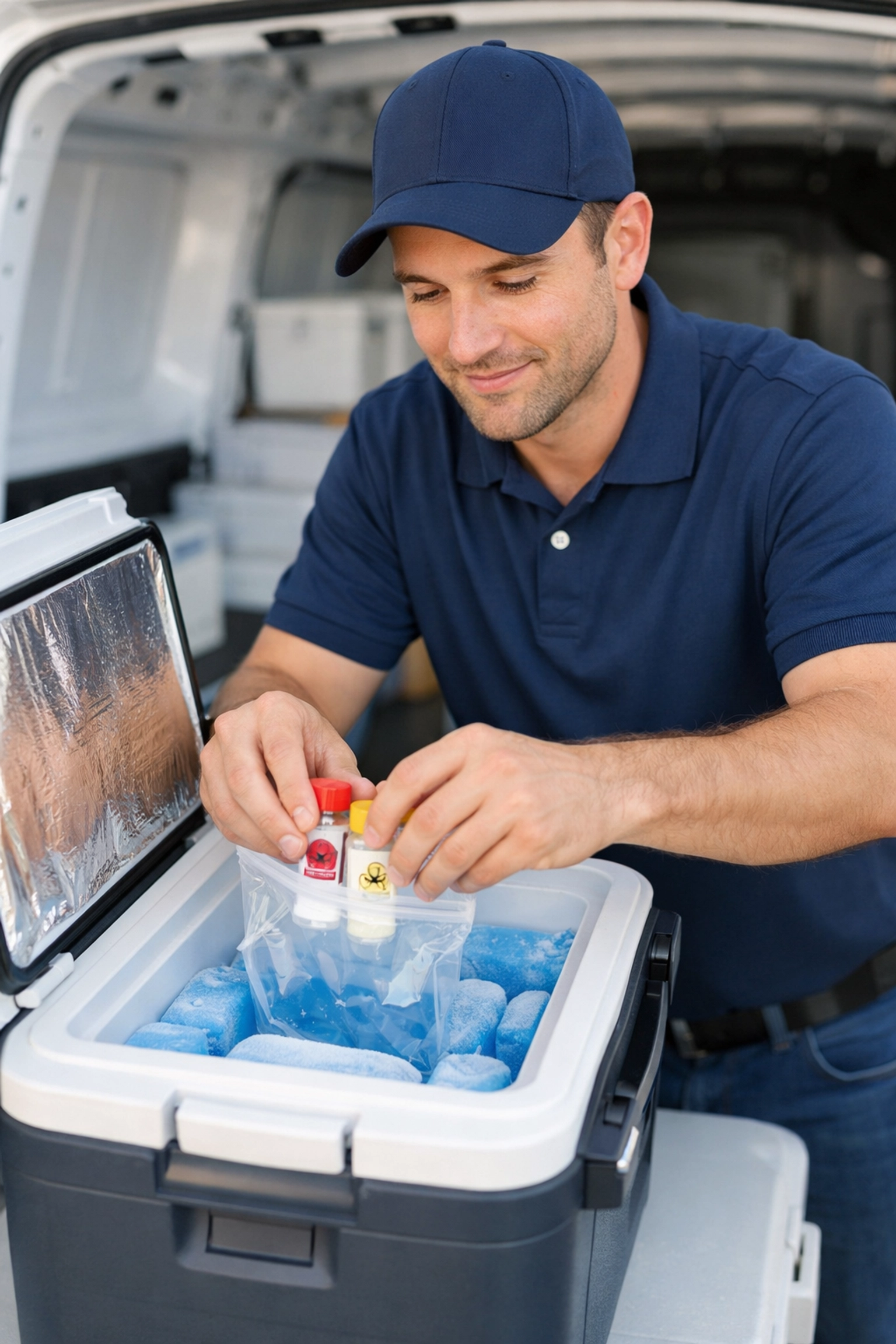 Medical courier loading specimen containers into temperature-controlled cooler in delivery vehicle