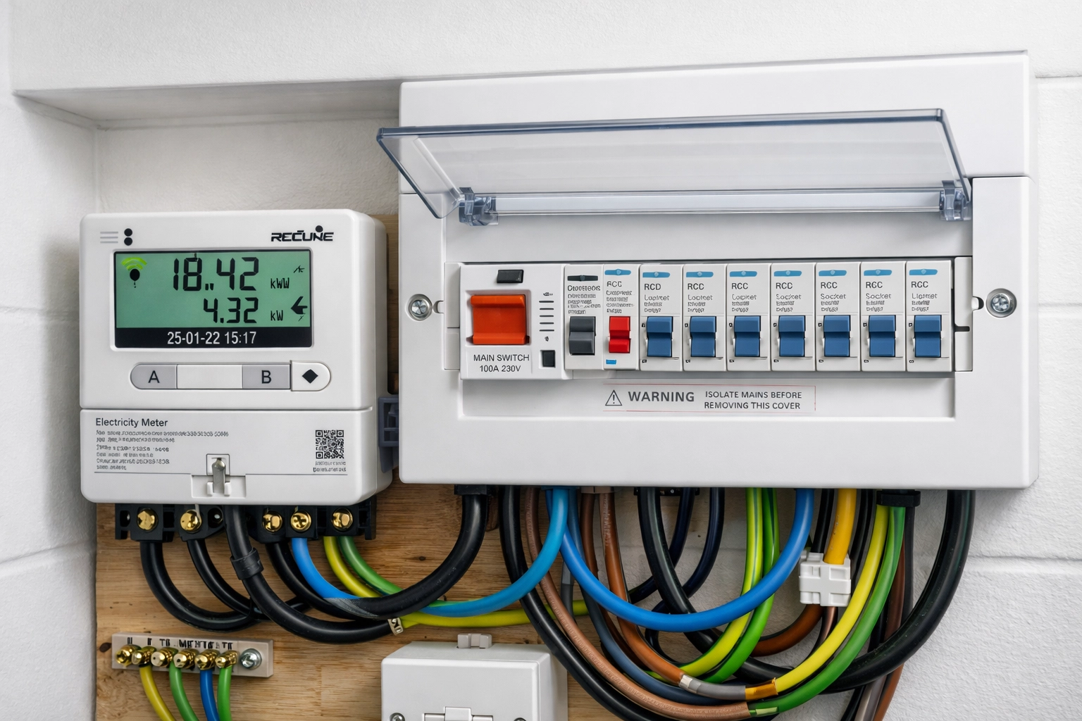 Modern UK smart meter and consumer unit installation by electricians in Poole to track off-peak energy usage.
