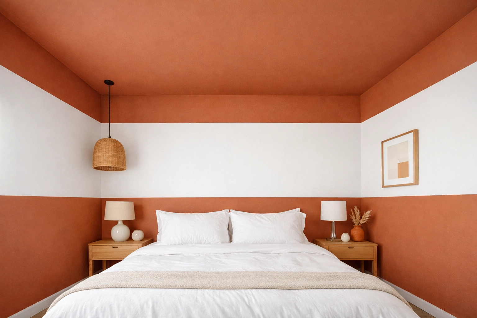 Terracotta colour capping paint technique in a modern bedroom creating a snug canopy effect.