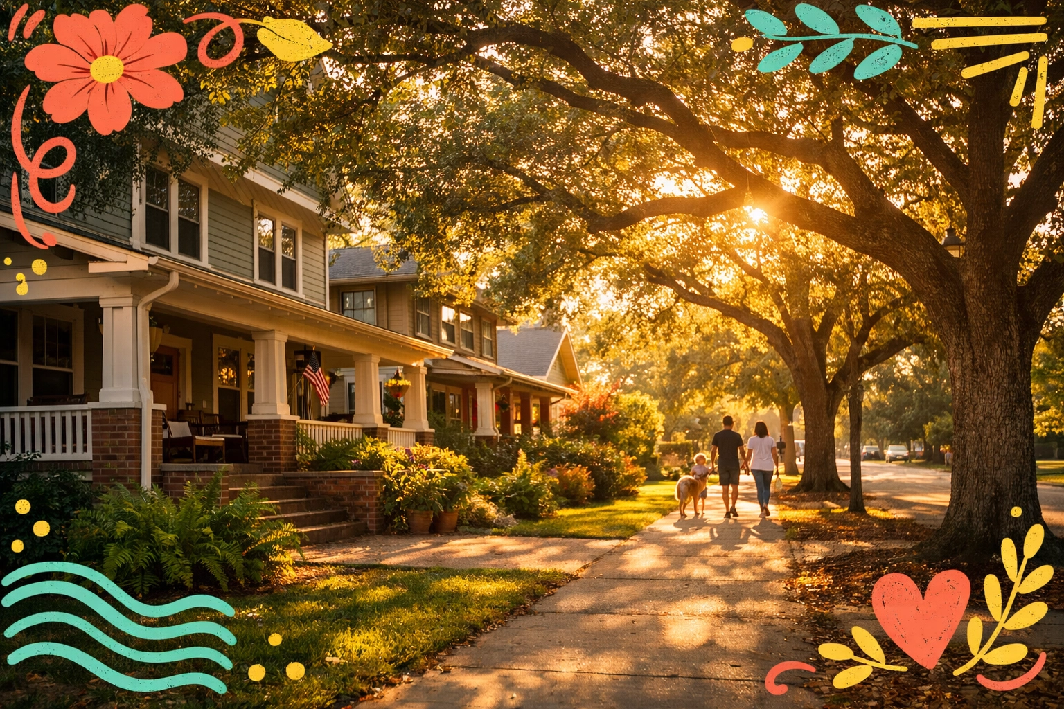 Tree-lined residential street in Cobb County neighborhood with craftsman homes and family walking