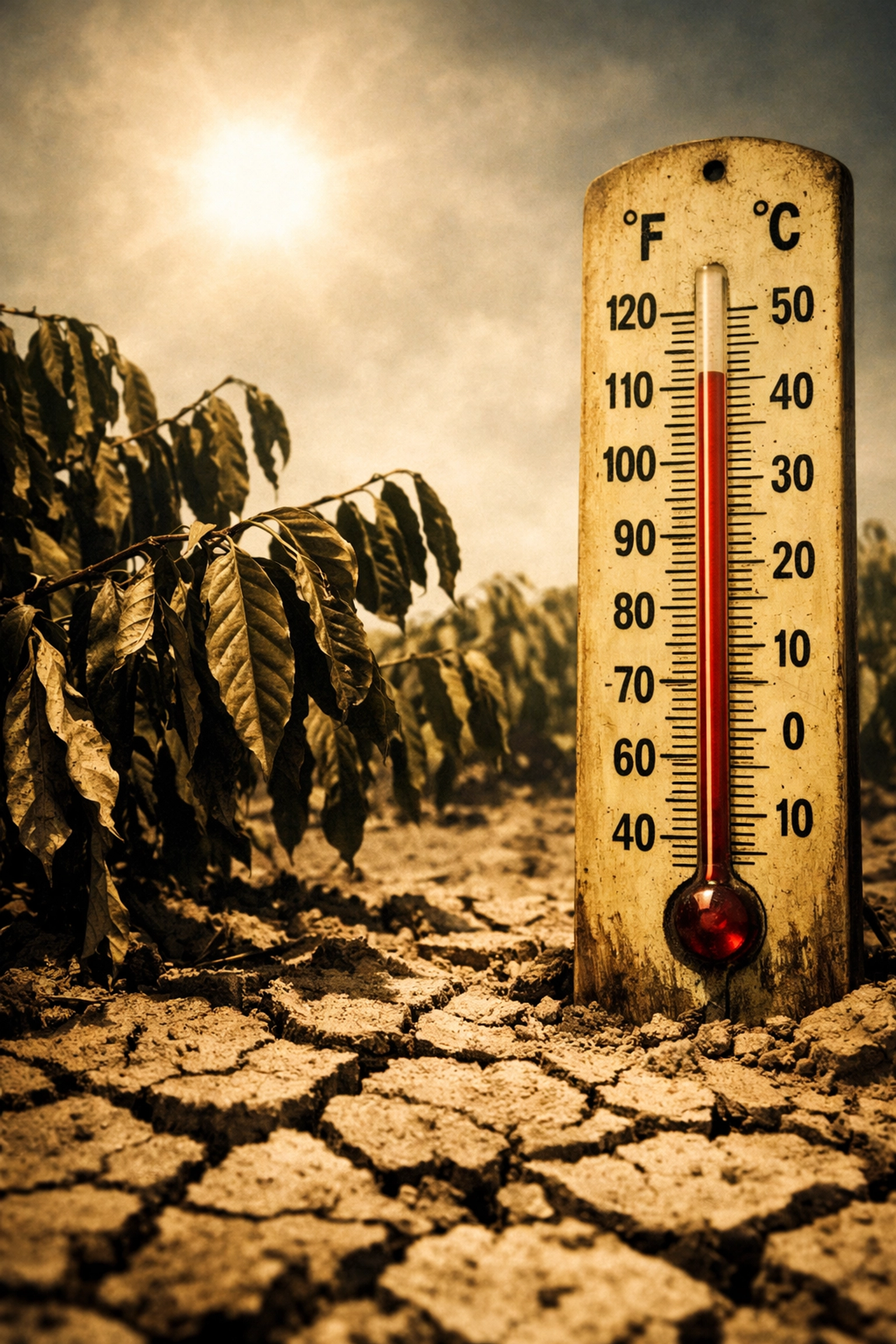 Coffee plants affected by extreme heat and climate change in growing regions