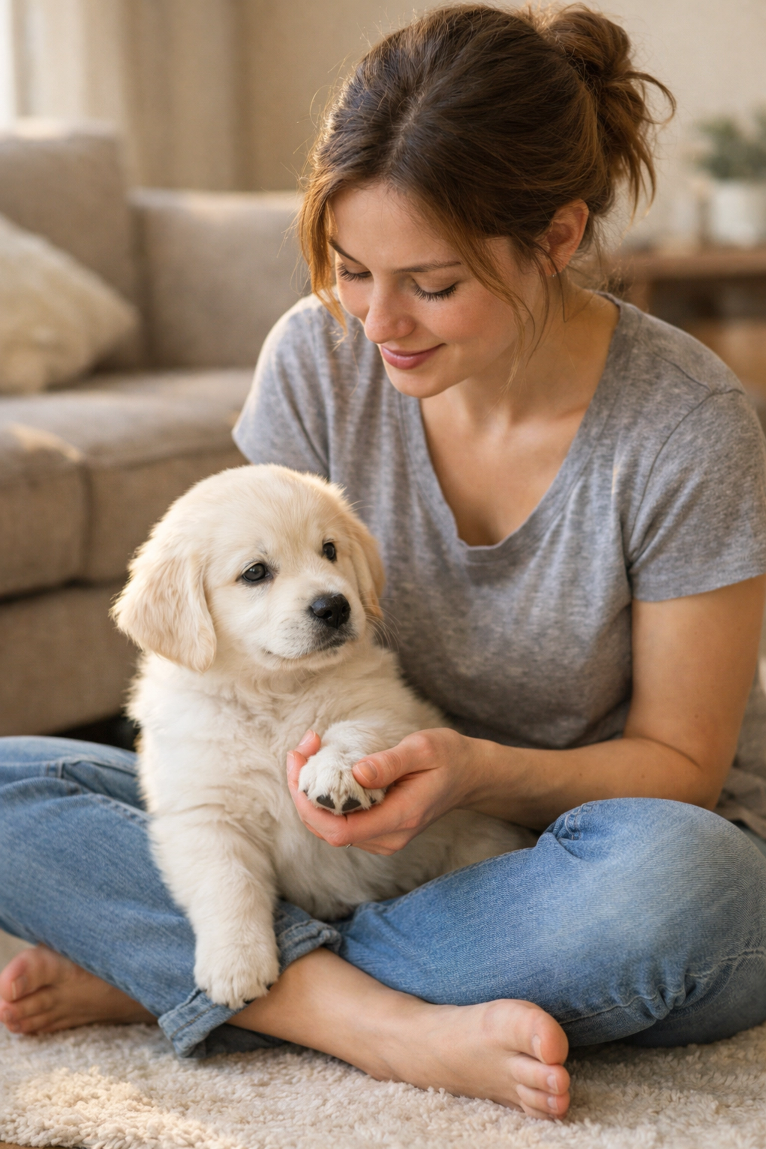 Gentle paw handling of Golden Retriever puppy building trust for therapy dog training