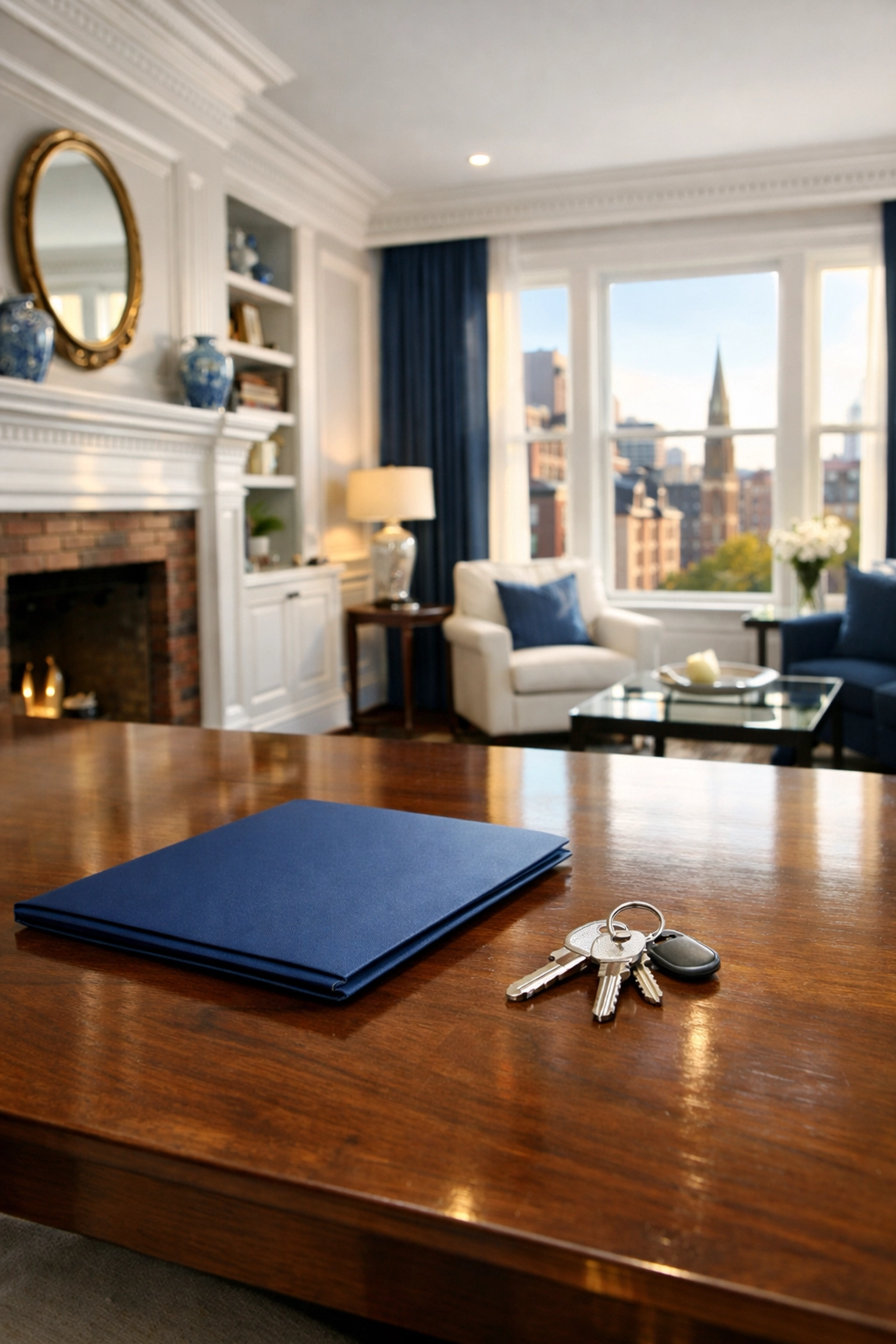 Keys and move-out folder on a table, preparing for a professional Boston apartment turnover.