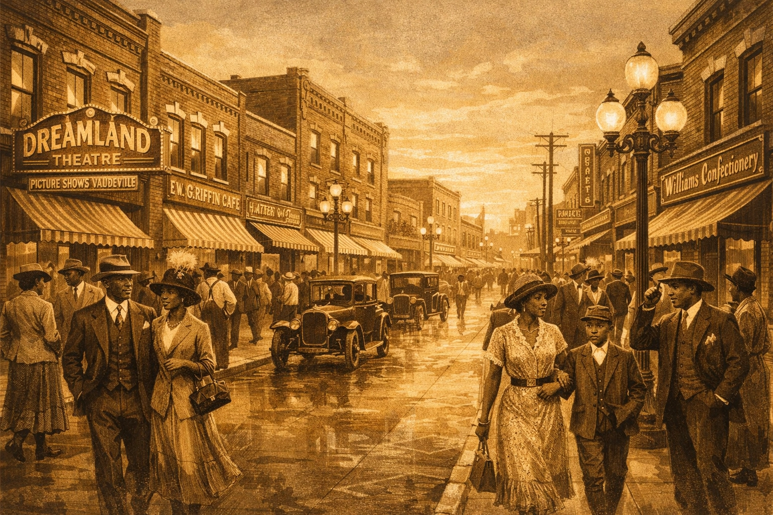 Thriving Greenwood Black Wall Street district in 1915 with Black-owned businesses and entrepreneurs