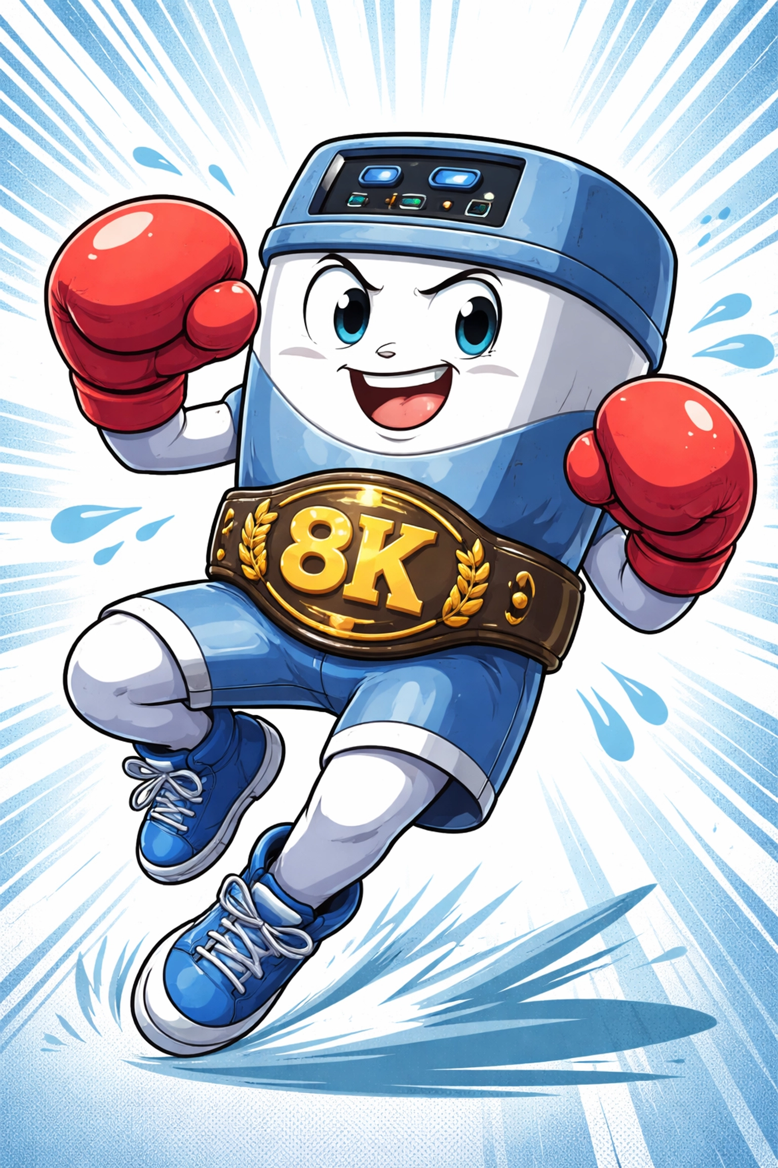 Cartoon 8,000 grain RV water softener as agile boxer, highlighting portable and compact design benefits