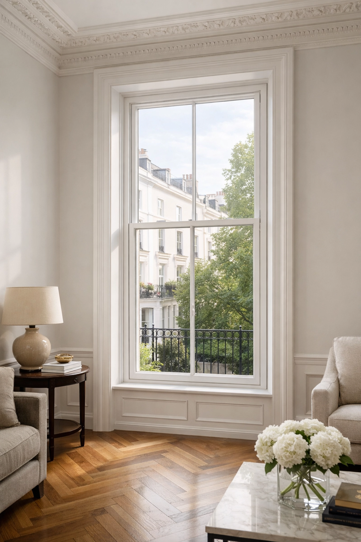 Slim secondary glazing installed on a Victorian sash window in a Chelsea heritage townhouse