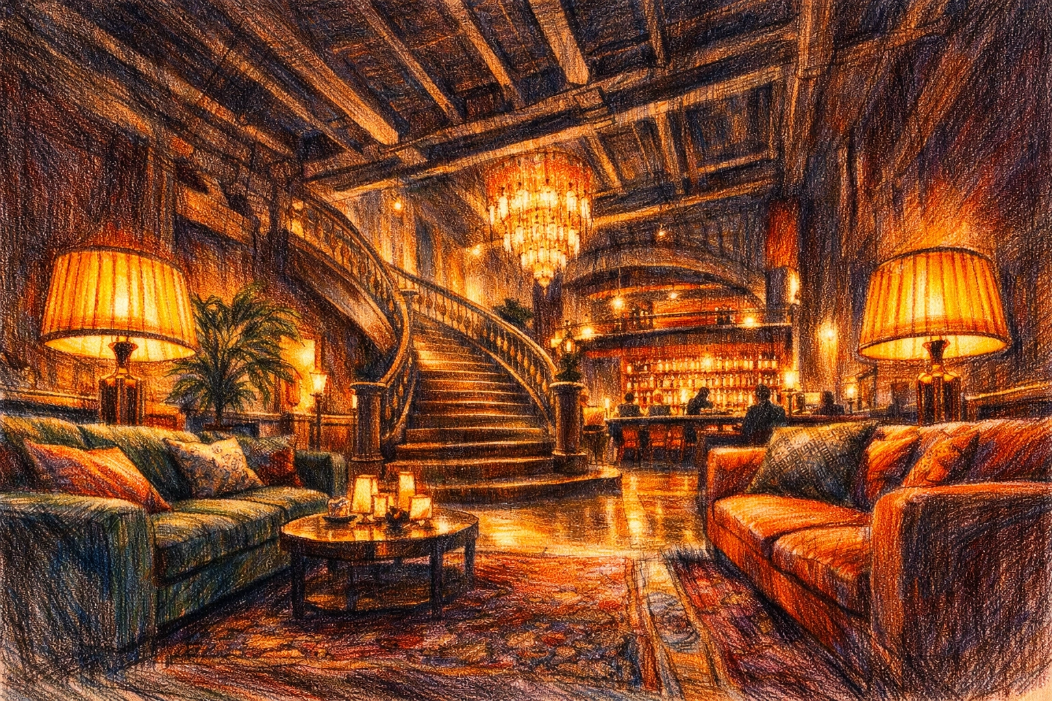 Boutique hotel interior design featuring a luxury lobby flowing into a sophisticated cocktail bar.