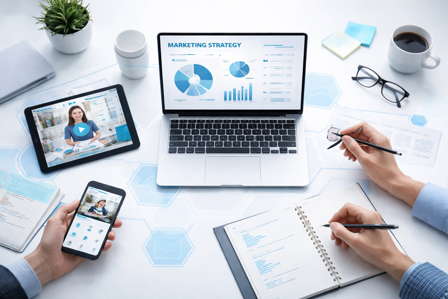 Marketing planning session with multiple devices displaying content formats, illustrating multi-channel digital marketing strategy for service businesses.