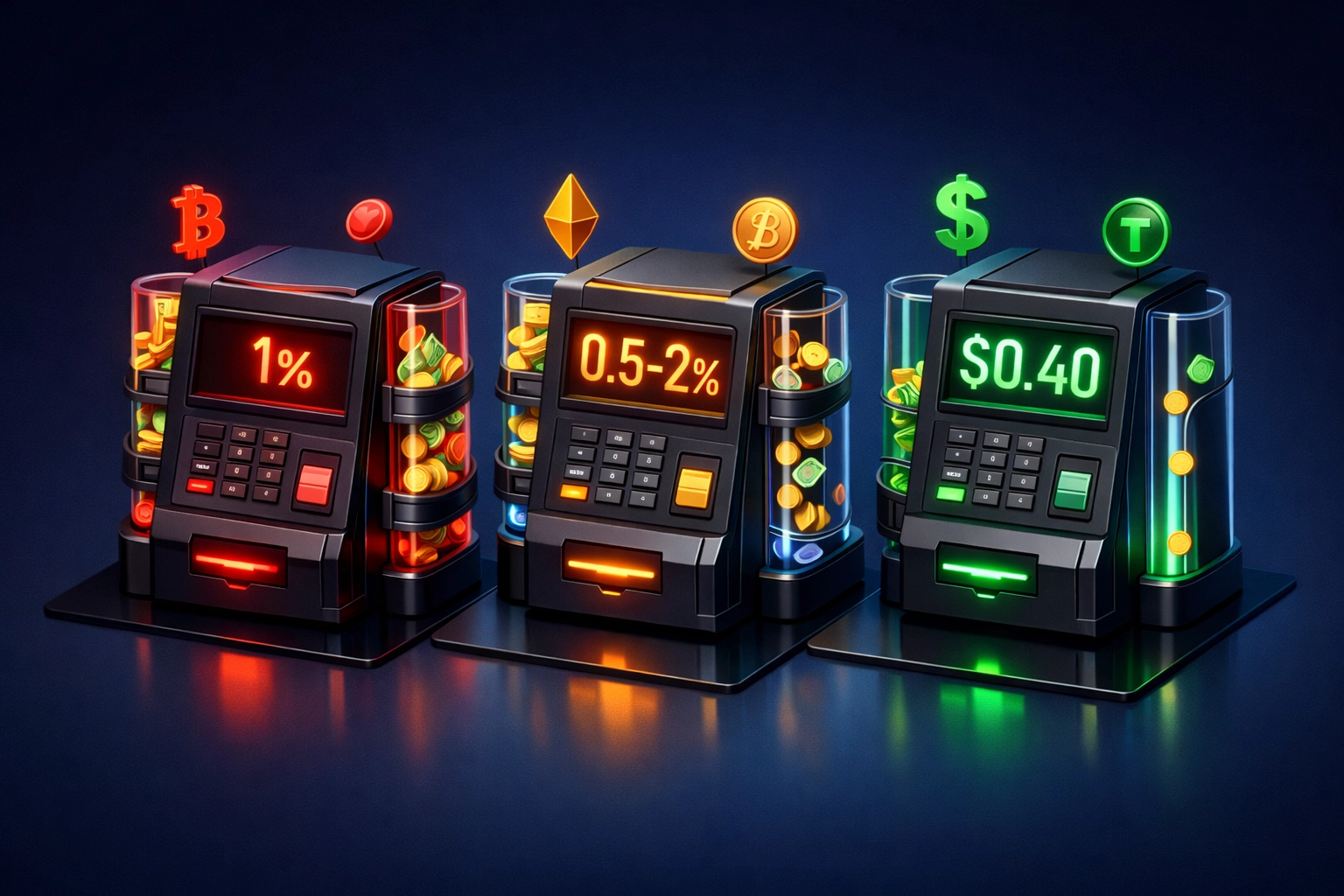 Crypto POS fee comparison showing Triple-A 1%, NOWPayments 0.5-2%, and Larecoin $0.40 flat rate