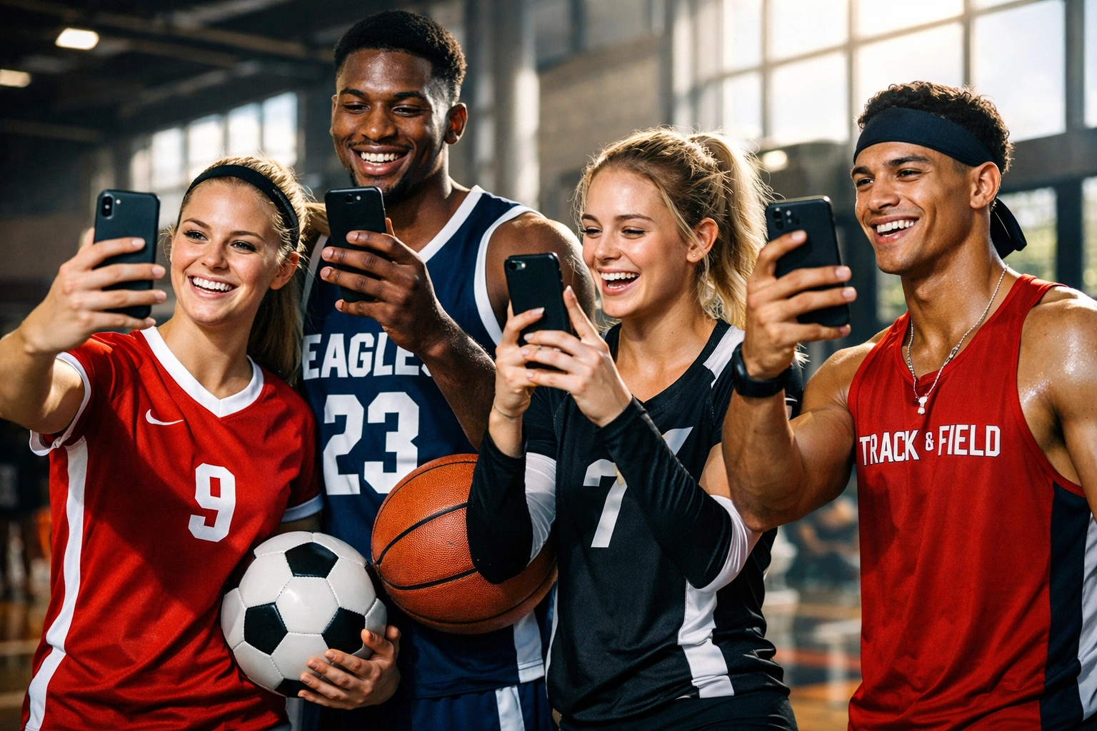 Diverse college athletes creating NIL content on smartphones in university athletic facility