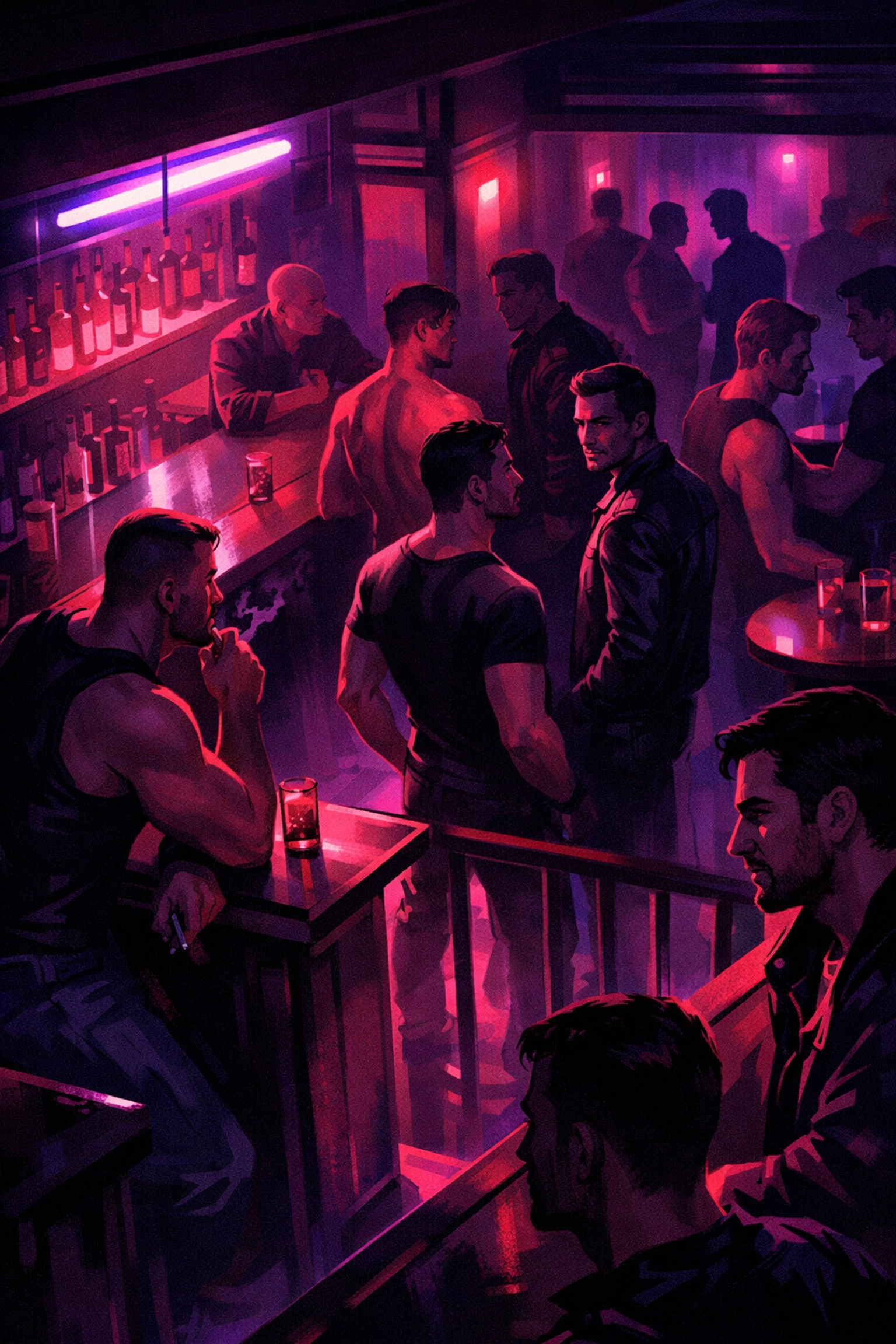 Interior of crowded gay cruising bar with men making eye contact under neon lights
