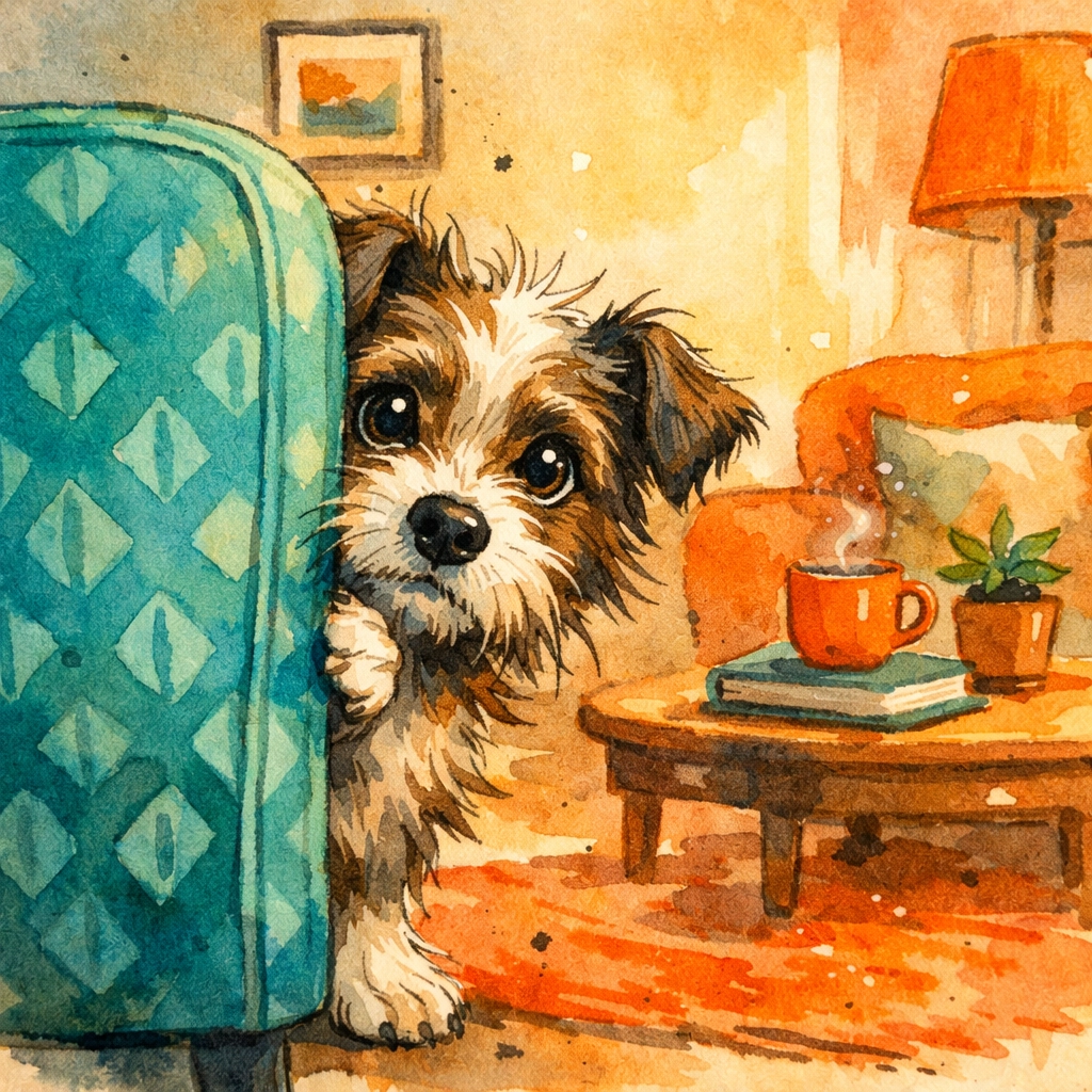 A shy rescue dog peeking from a safe zone during the first three days of the 3-3-3 adoption rule.