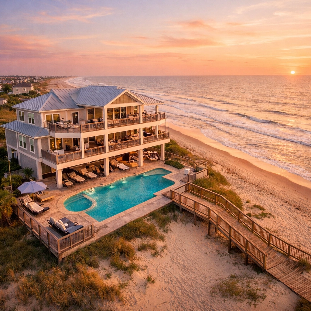 Luxury beachfront rental on Bolivar Peninsula with private pool and Gulf views at sunset