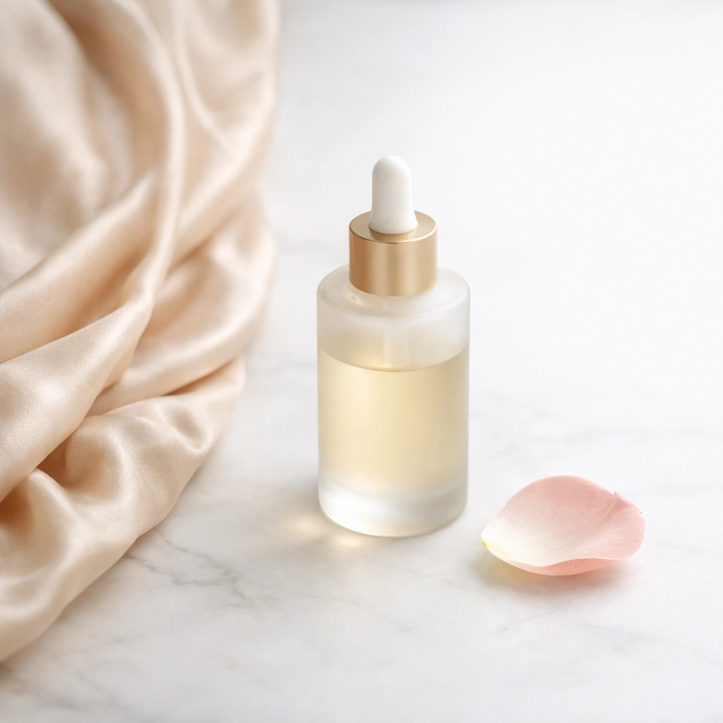 Luxury self-care essentials including body oil and silk to enhance intimacy and body confidence.