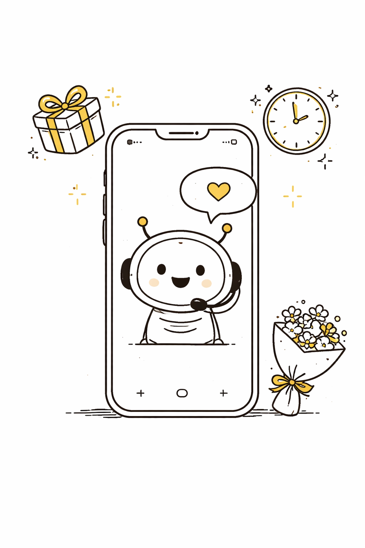 Minimalist illustration of a chatbot on a smartphone surrounded by gifts and hearts, representing AI virtual assistants automating Valentine’s Day shopping.