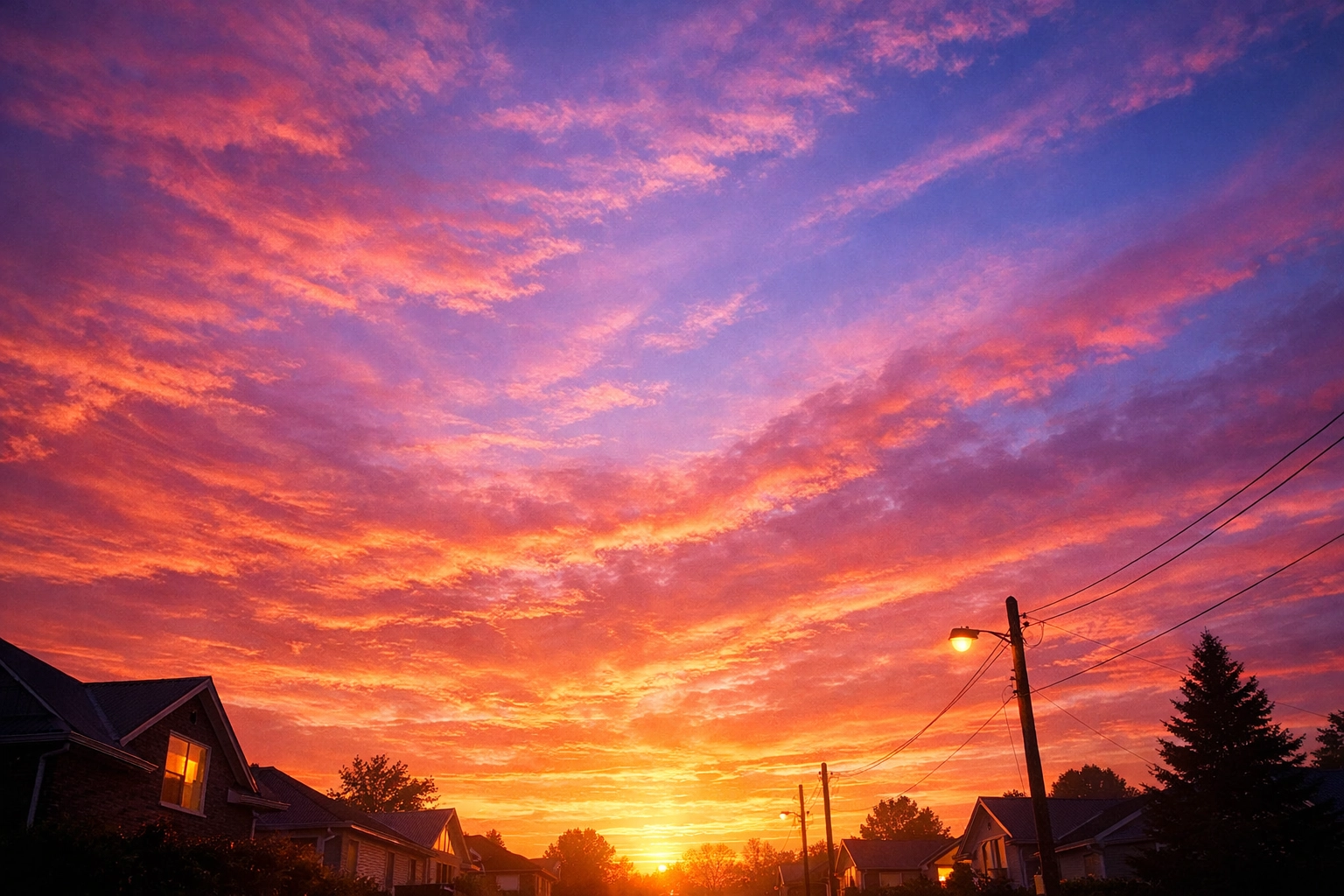 A beautiful sunrise over suburban houses, symbolizing hope and divine protection in daily life.