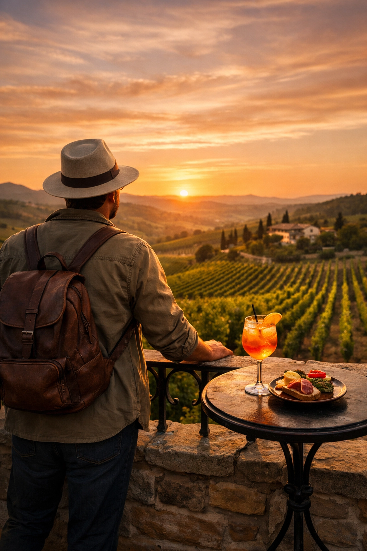 Relaxing on a private balcony overlooking a vineyard, showcasing the ease of luxury vacation planning.