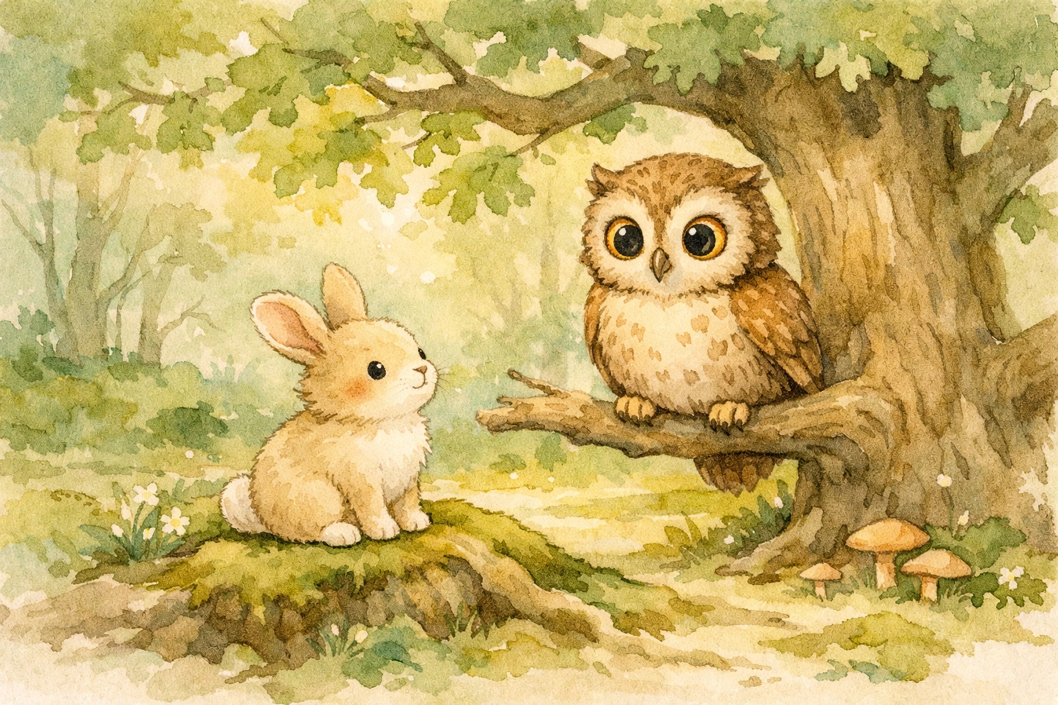A rabbit and owl in a quiet watercolor forest, learning to listen for God's peaceful whisper.