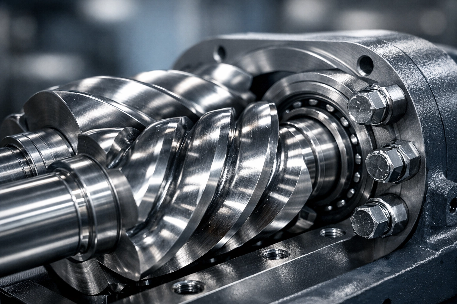 Close-up of precision rotary screw air end rotors showing the internal mechanics of a quality compressor.