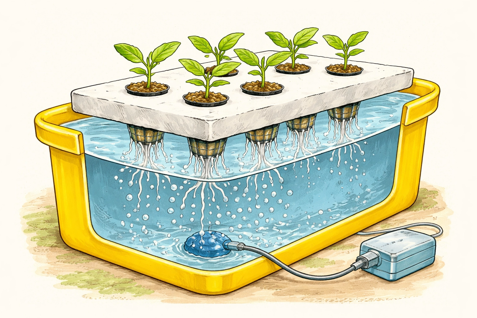 Cross-section of a floating raft hydroponic garden, showing seedlings in net cups, foam raft, bubbling water, and visible plant roots.