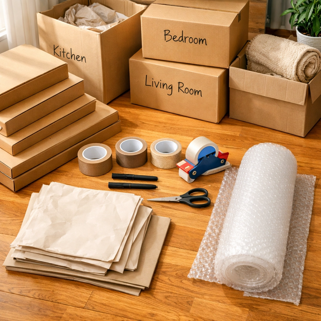 Organized packing station with moving boxes, tape, and supplies for weekend move