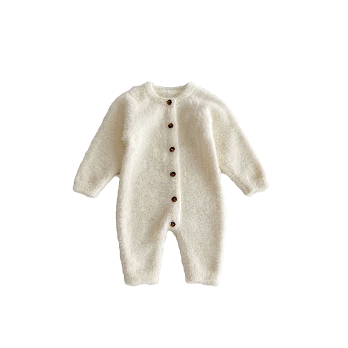 Cream-colored, fluffy baby onesie with brown buttons, displayed on a plain white background. Cozy and soft appearance. Fluffy Cloud Golden Harvest Knitted Jumpsuit