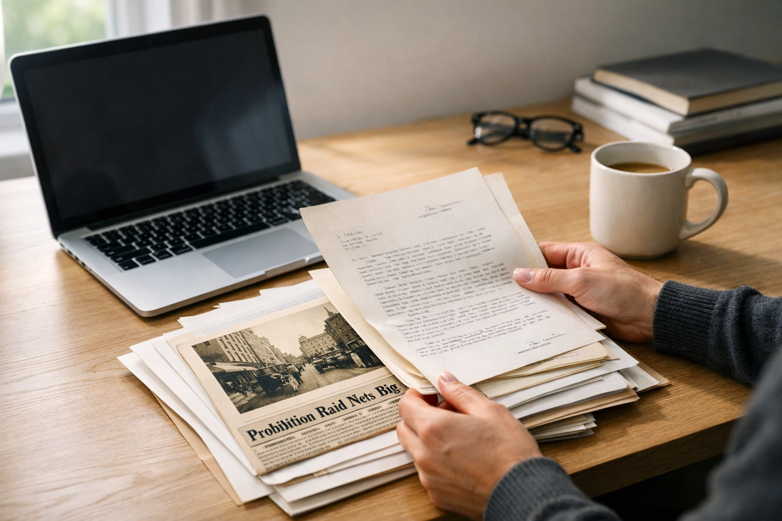 Genealogy researcher examining archival documents on a modern desk to find family history.