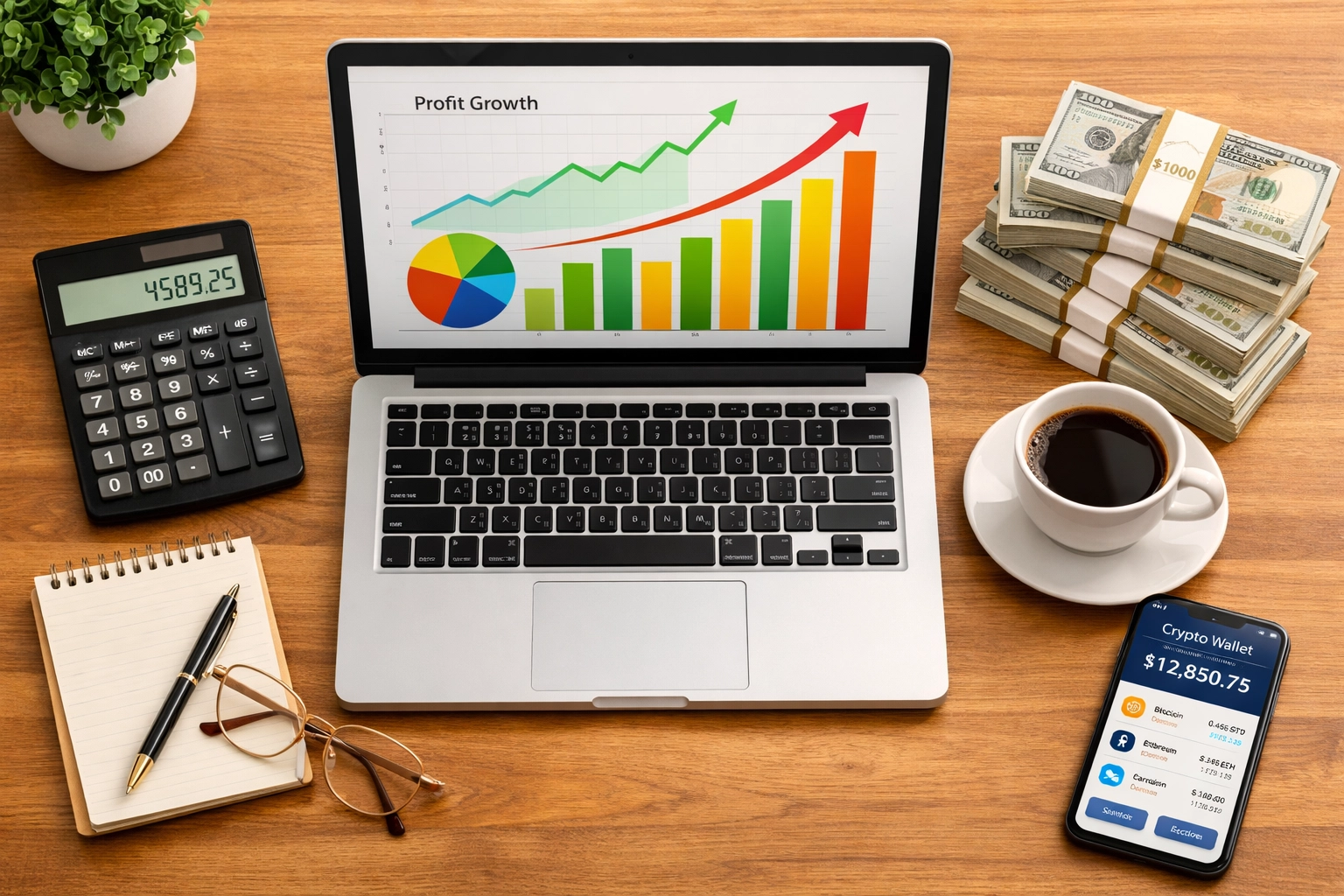 Business owner desk with profit charts and crypto wallet showing merchant savings from LUSD payments