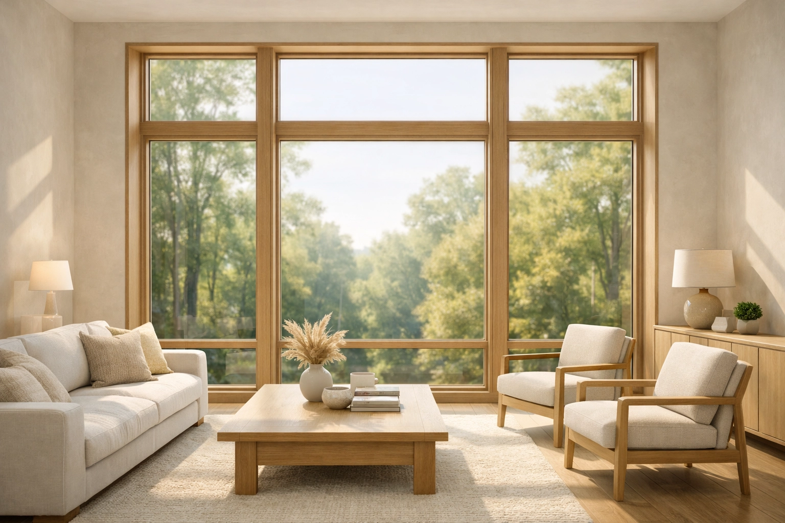 Sun-drenched living room in a custom Columbia home featuring energy-efficient luxury triple-pane windows.