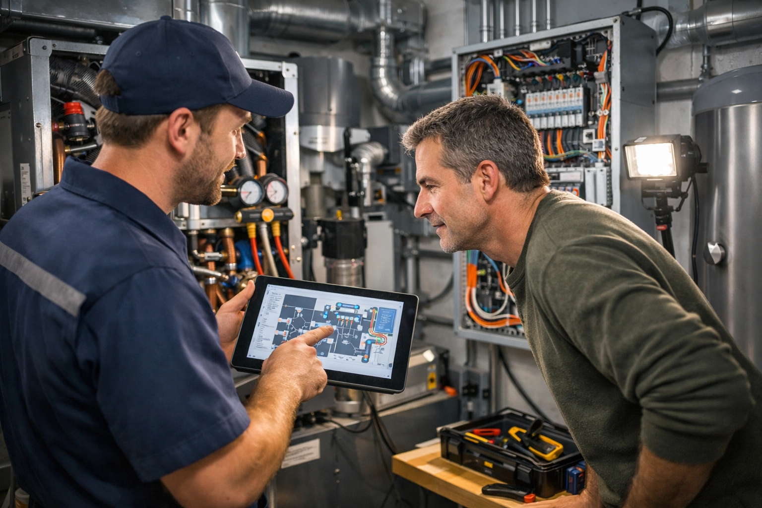 An expert technician using a digital tablet to explain a home service project to a local client.