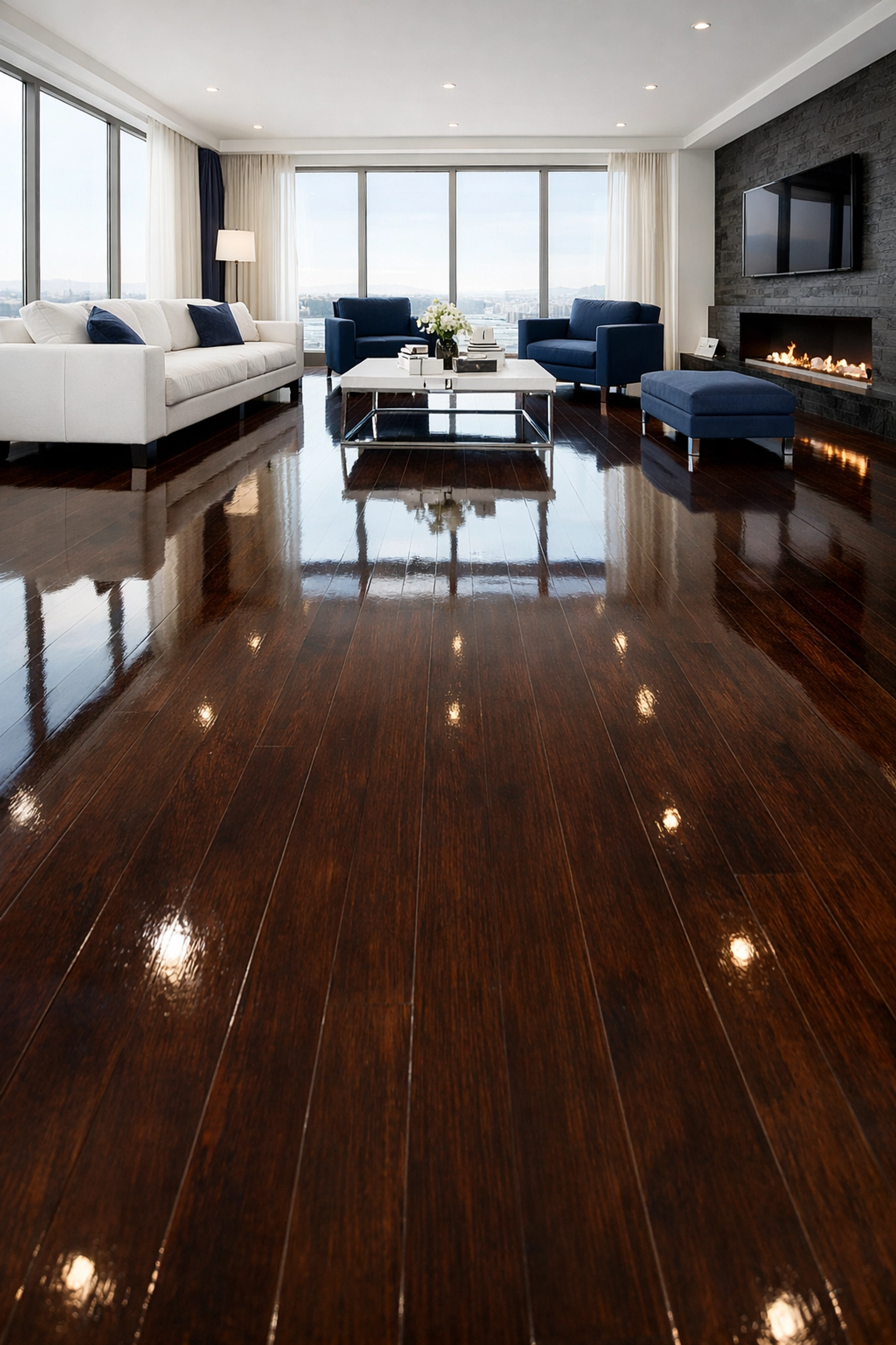 Sparkling clean hardwood floors in a modern home after a professional house cleaning service.