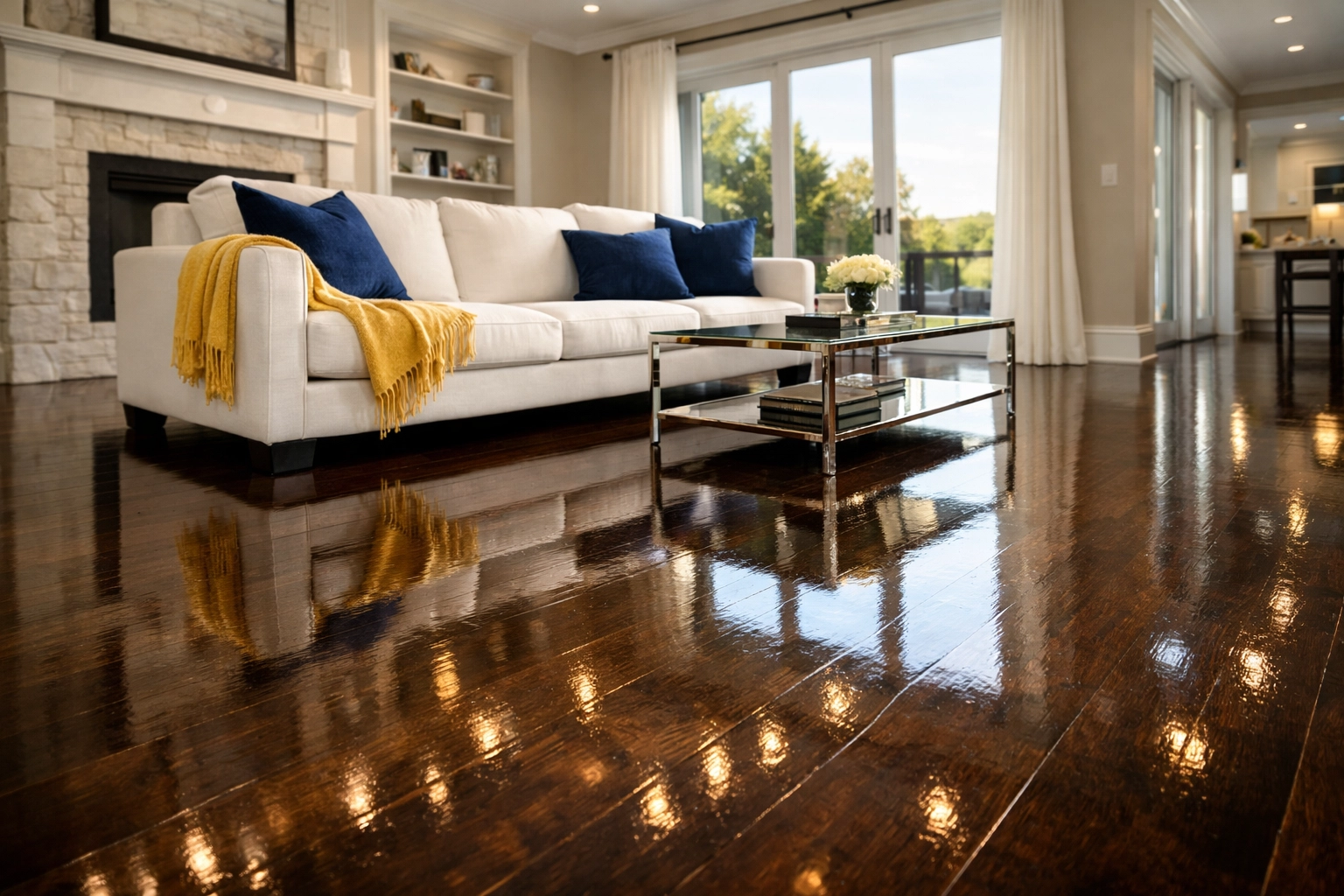 Sparkling clean Westborough living room showing the results of bi-weekly house cleaning on hardwood floors.