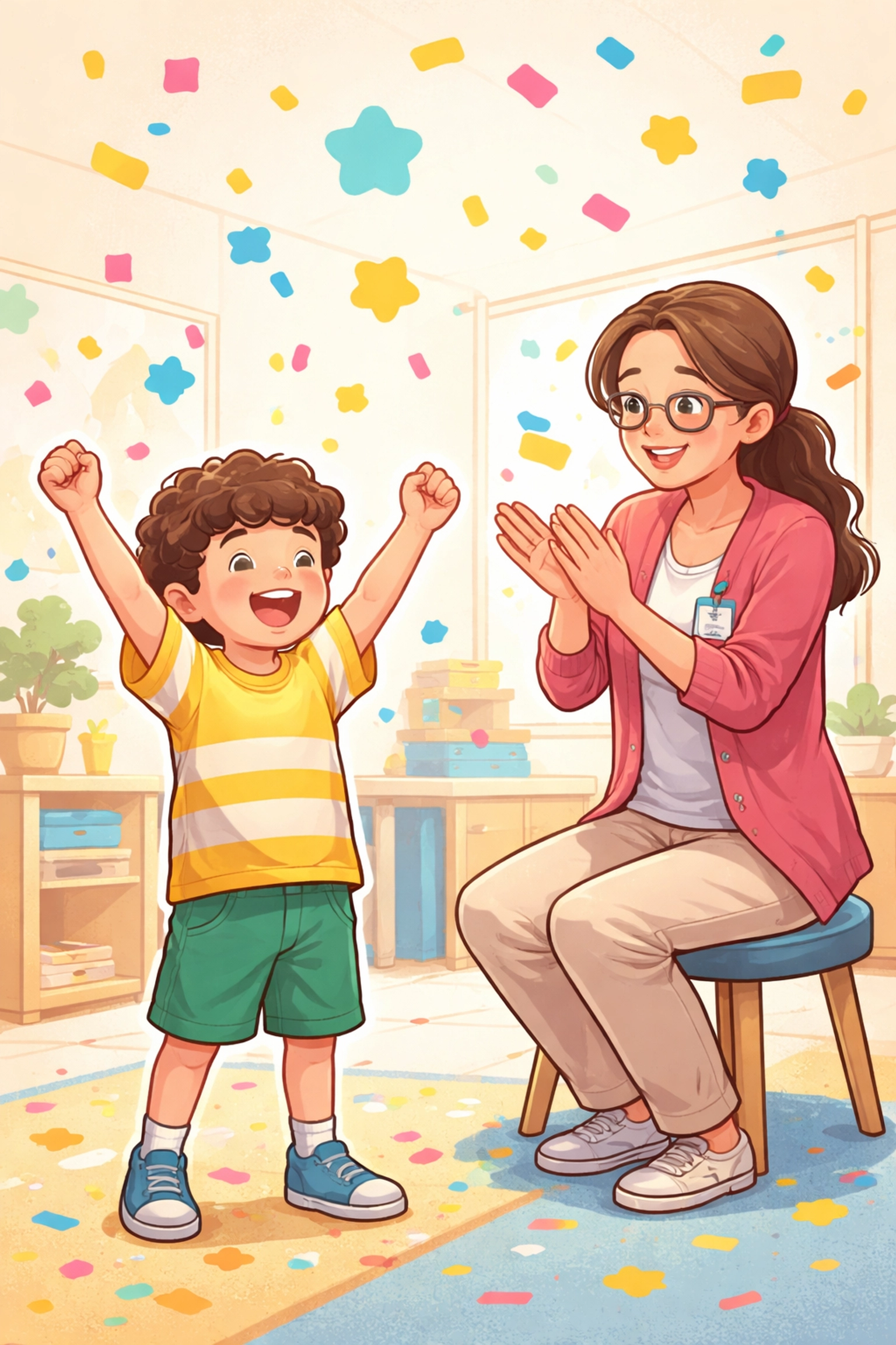 Niño celebrando logro junto a terapeuta ABA en sala colorida, simbolizando impacto positivo del curso
