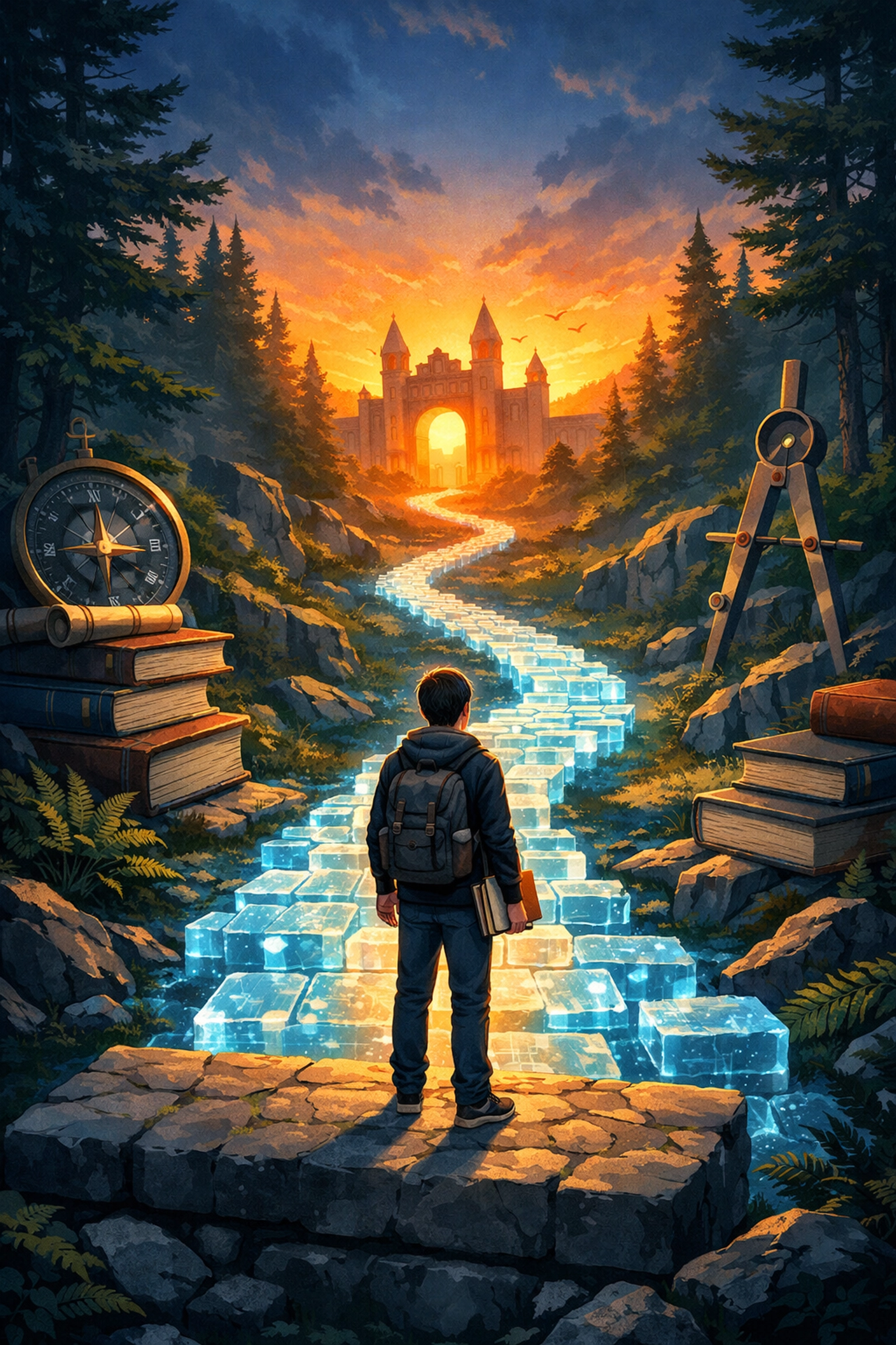 Student on a solid foundation of knowledge looking toward a university gate for US college application help.