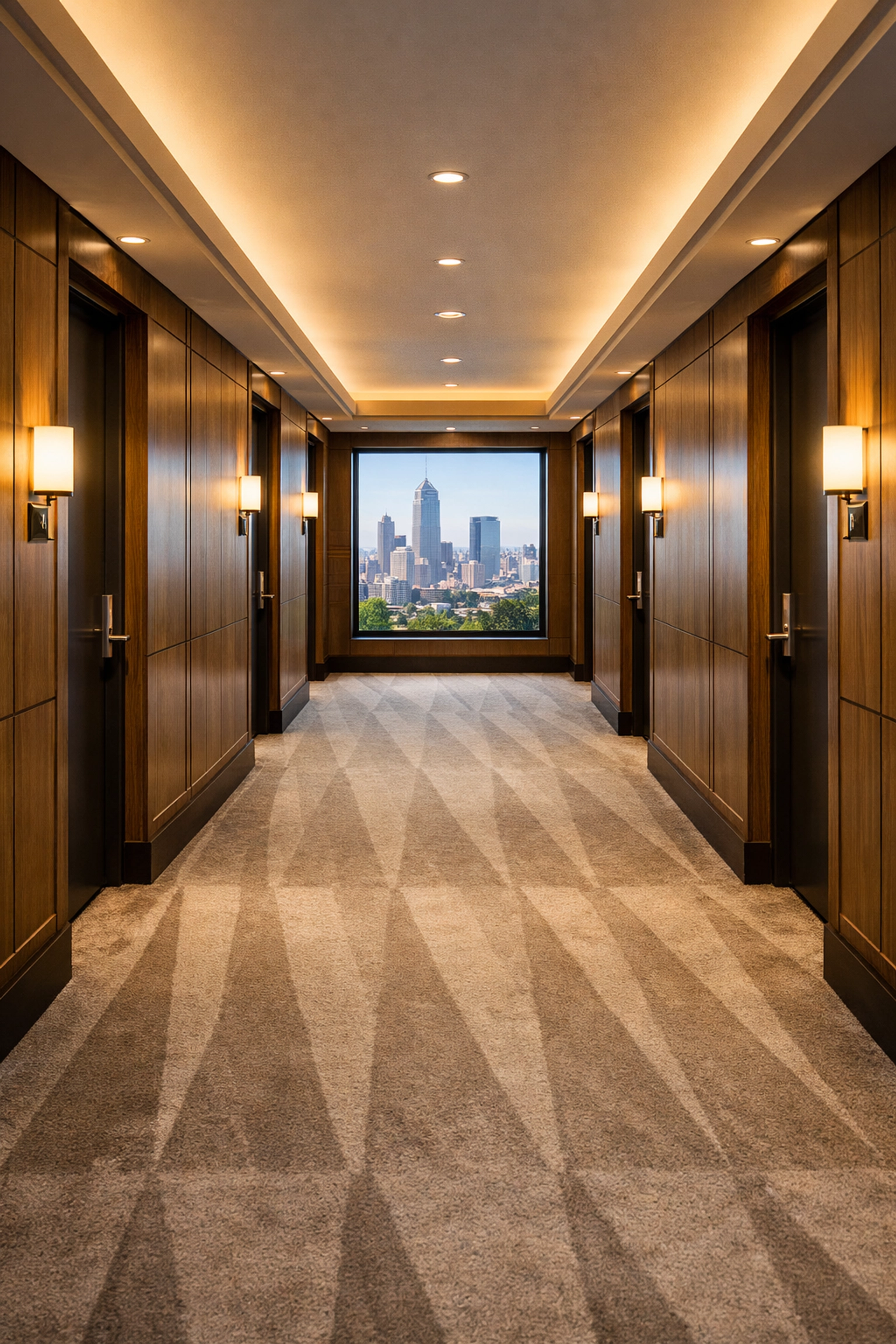 Clean, modern residential hallway in an Indianapolis multi-family property with vacuumed carpets.