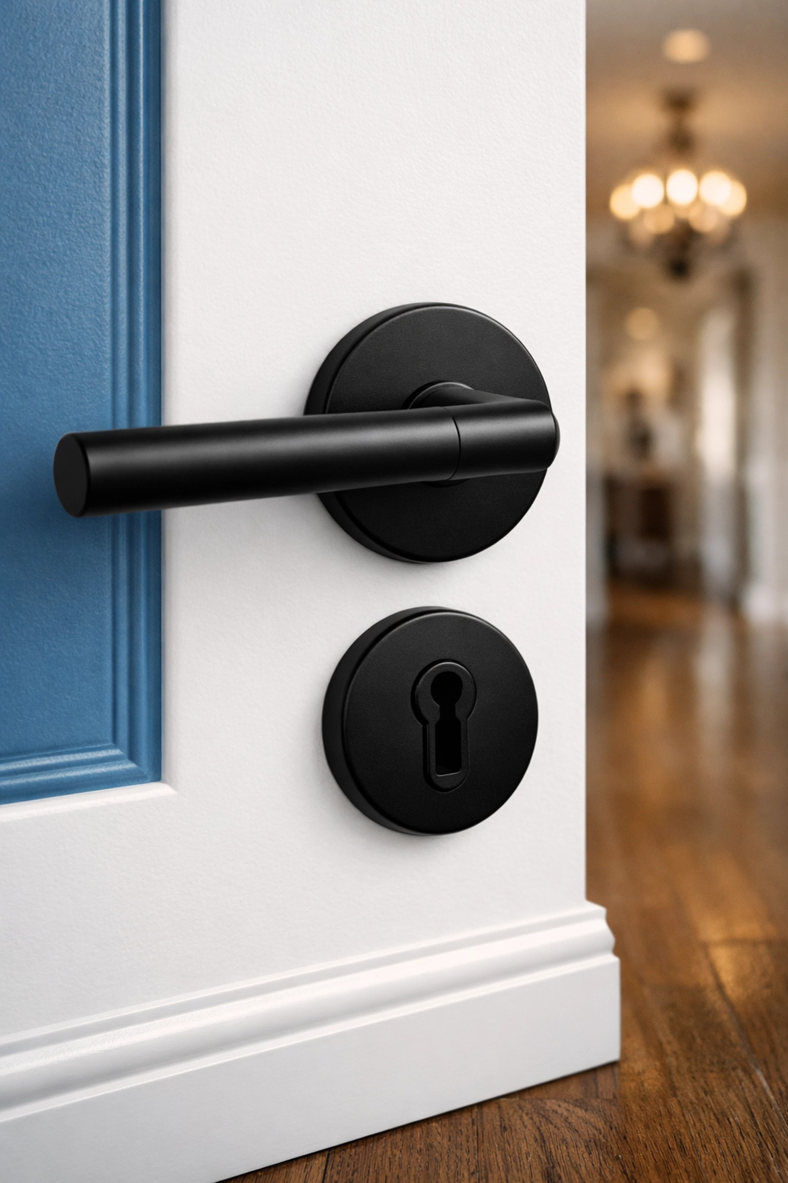 Spotless door hardware and baseboards following a detailed professional renovation cleaning.