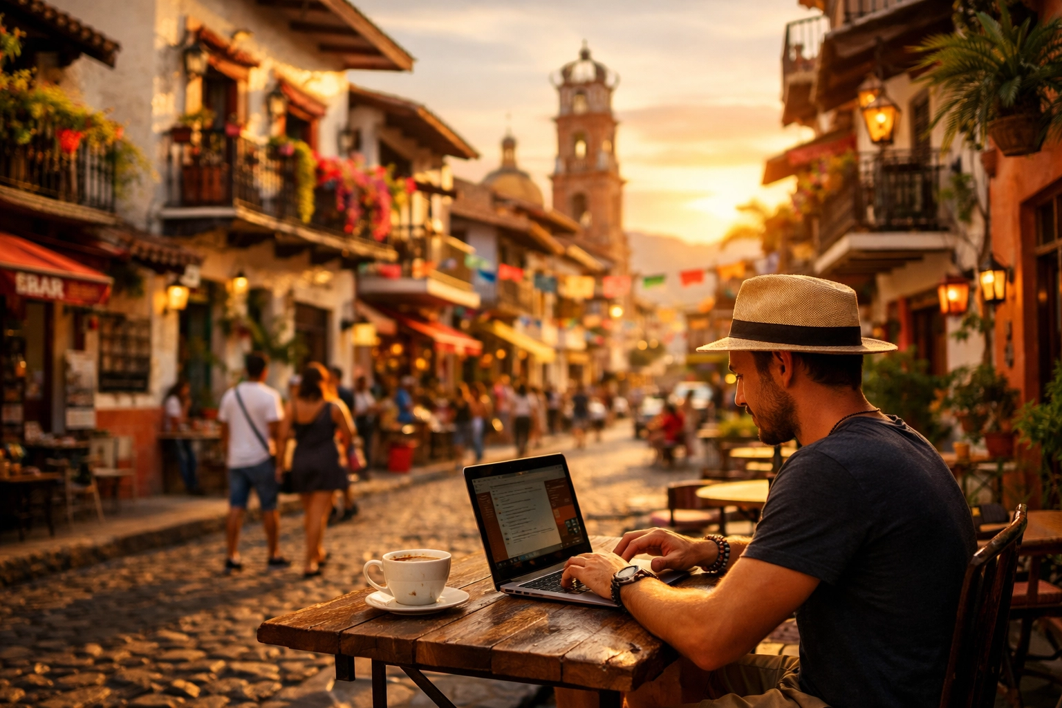Digital nomad working at outdoor café on cobblestone street in Puerto Vallarta Old Town