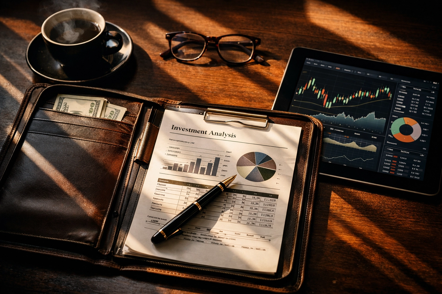 Investor conducting due diligence review of portfolio documents and financial analytics for accredited investments