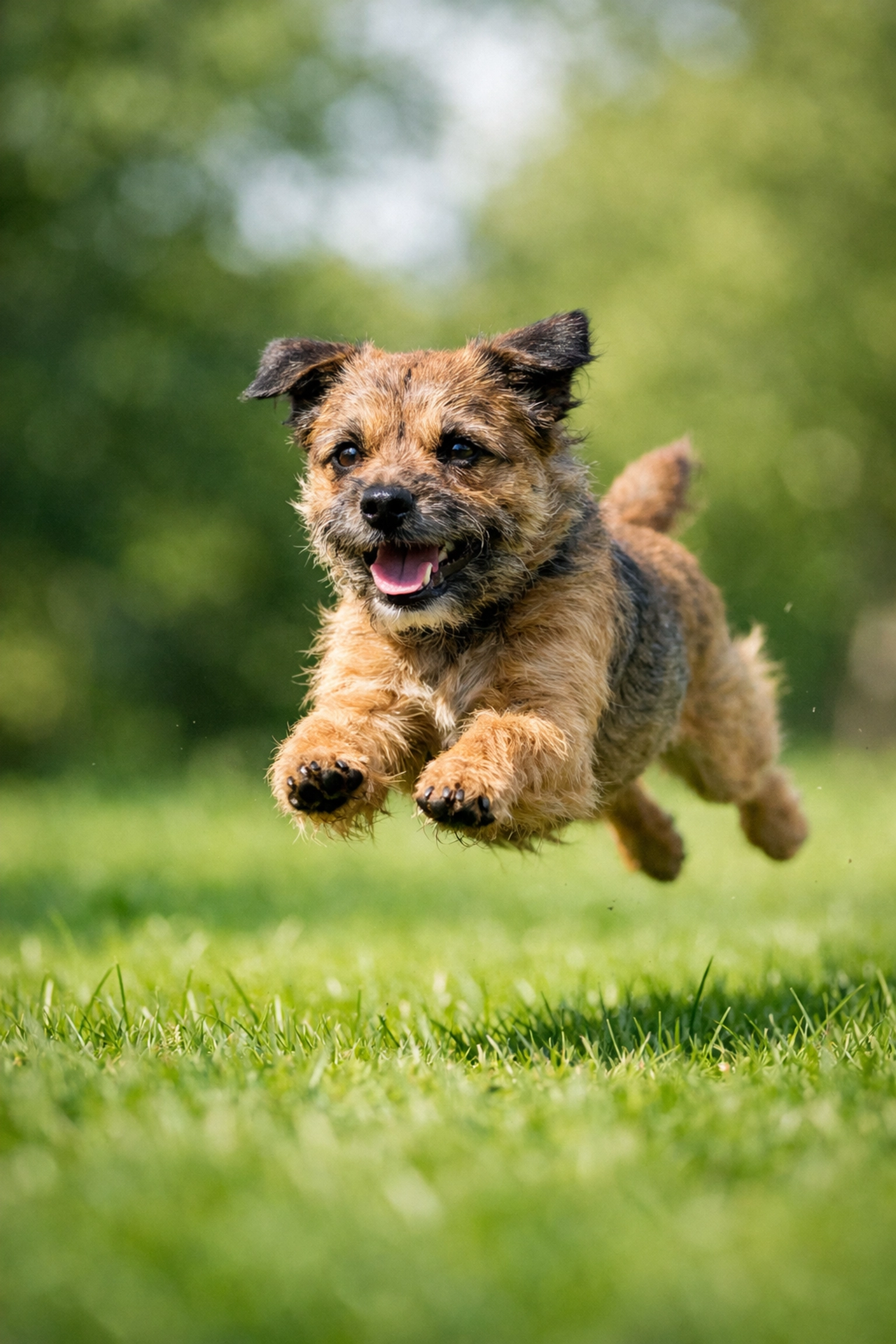 Border Terrier en pleine course dans un parc, montrant son énergie et sa vitalité