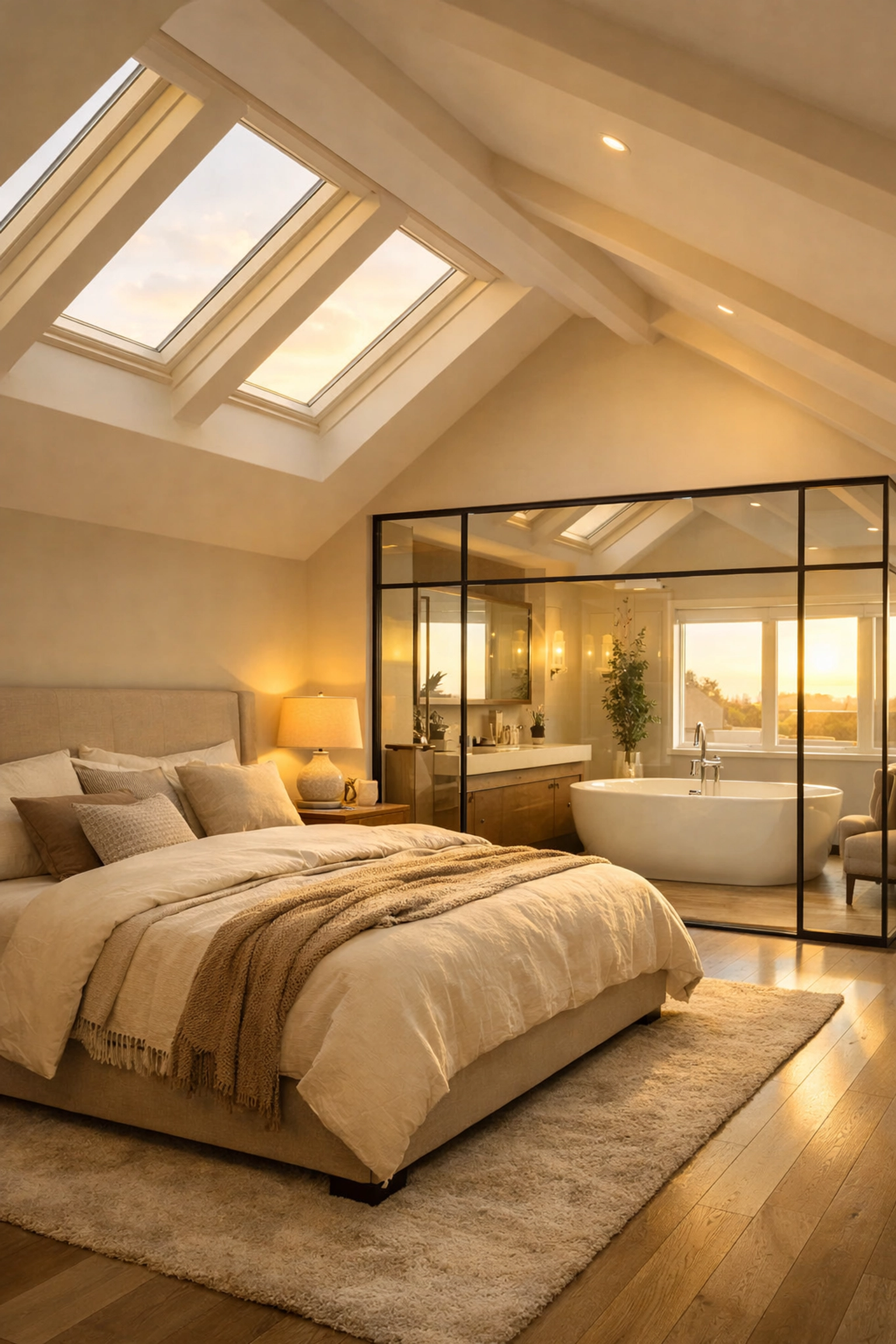 Luxury master bedroom loft conversion in Bournemouth featuring vaulted ceilings and natural light from skylights.