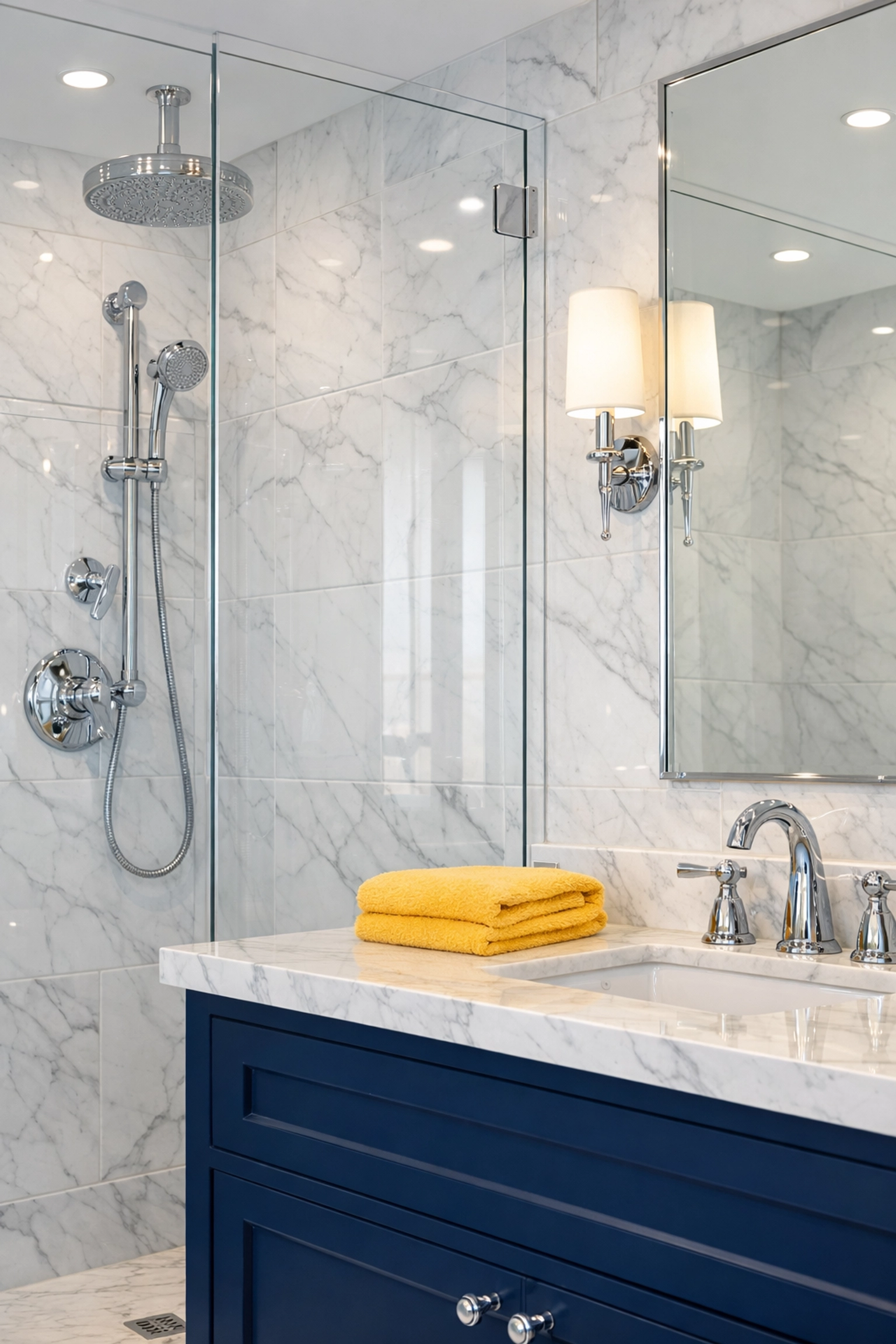 Sanitized luxury bathroom with marble tile and clean glass from professional move-in/move-out cleaning Lowell.