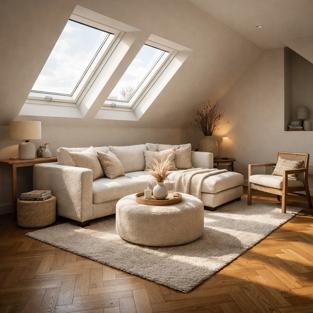 Bright, sun-drenched loft conversion in West Sussex showcasing high-quality building compliance.