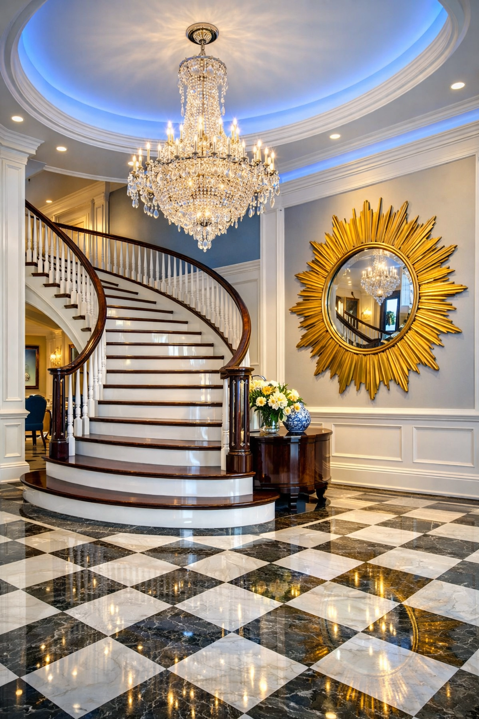 Grand entryway with polished floors maintained by expert luxury house cleaning services MA.