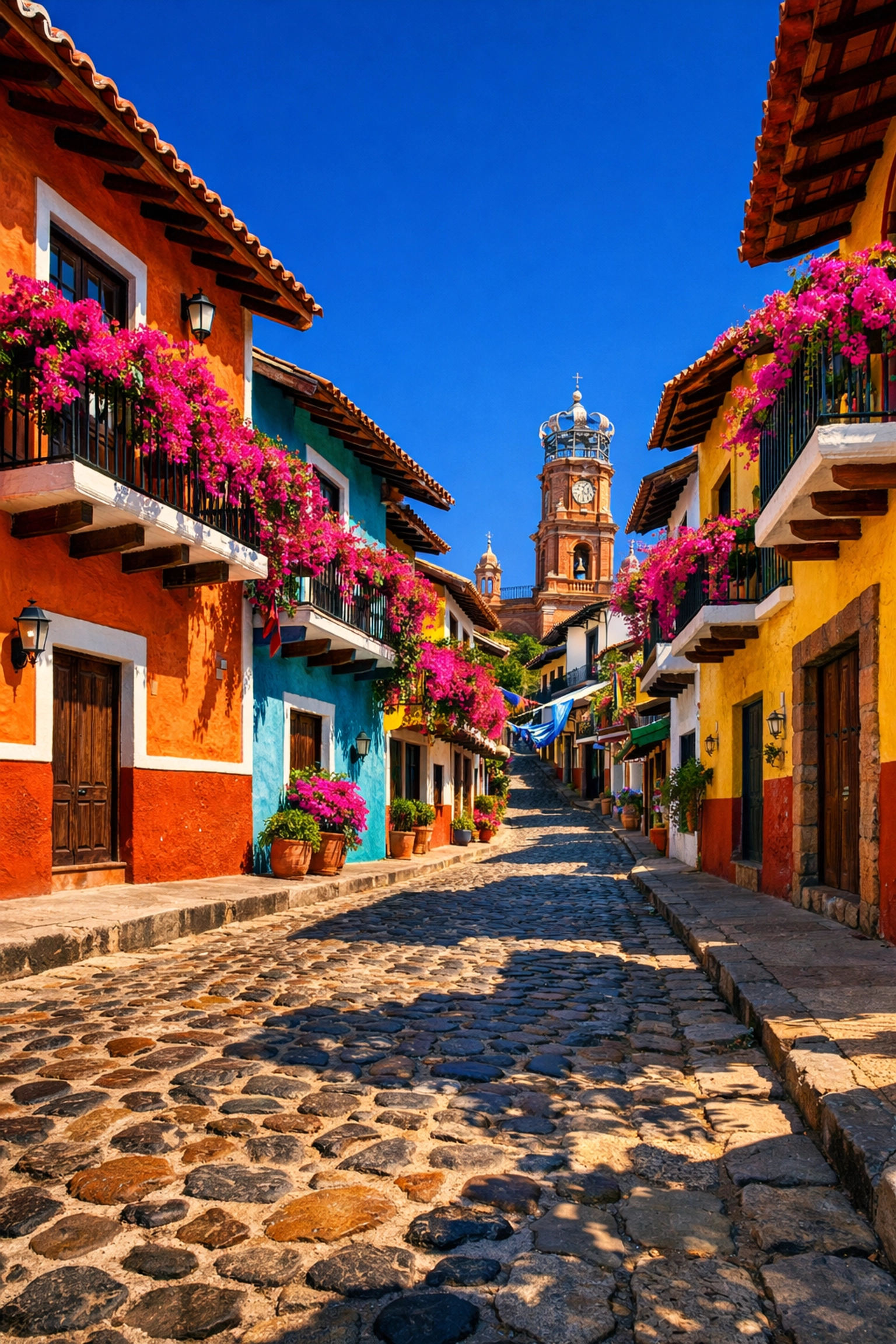 Vibrant Old Town street with bougainvillea near authentic rentals Puerto Vallarta.