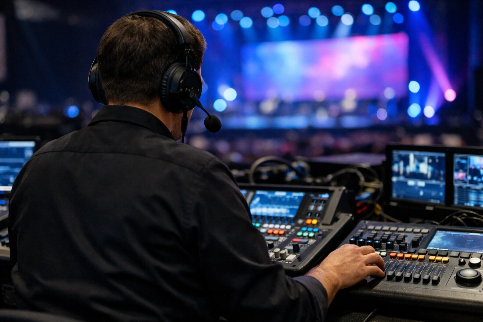 Technical director coordinating sound and light production for a live event from a high-tech control booth.
