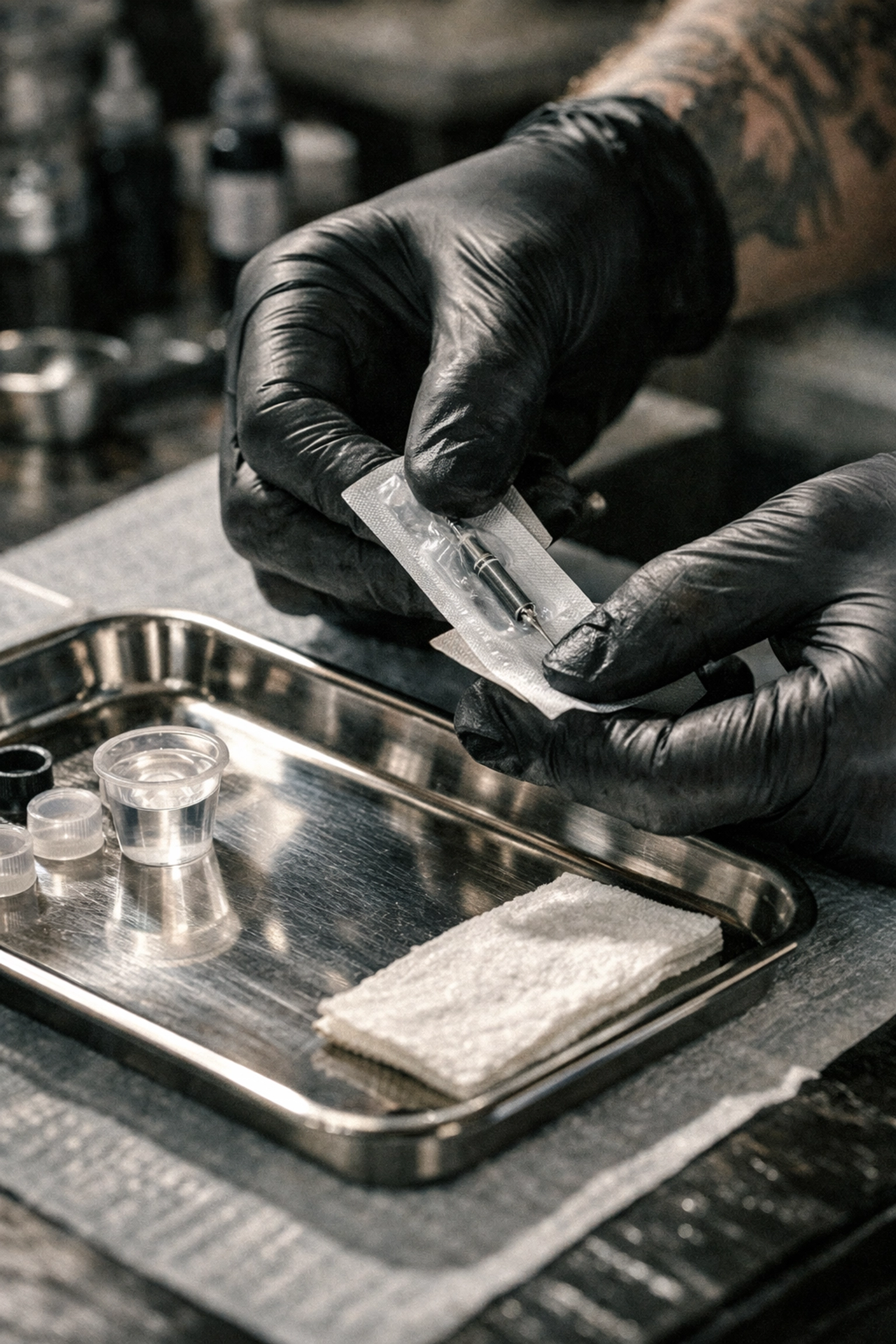 Sanitized station preparation at our studio, reflecting tattoo shop hixson tn safety standards.