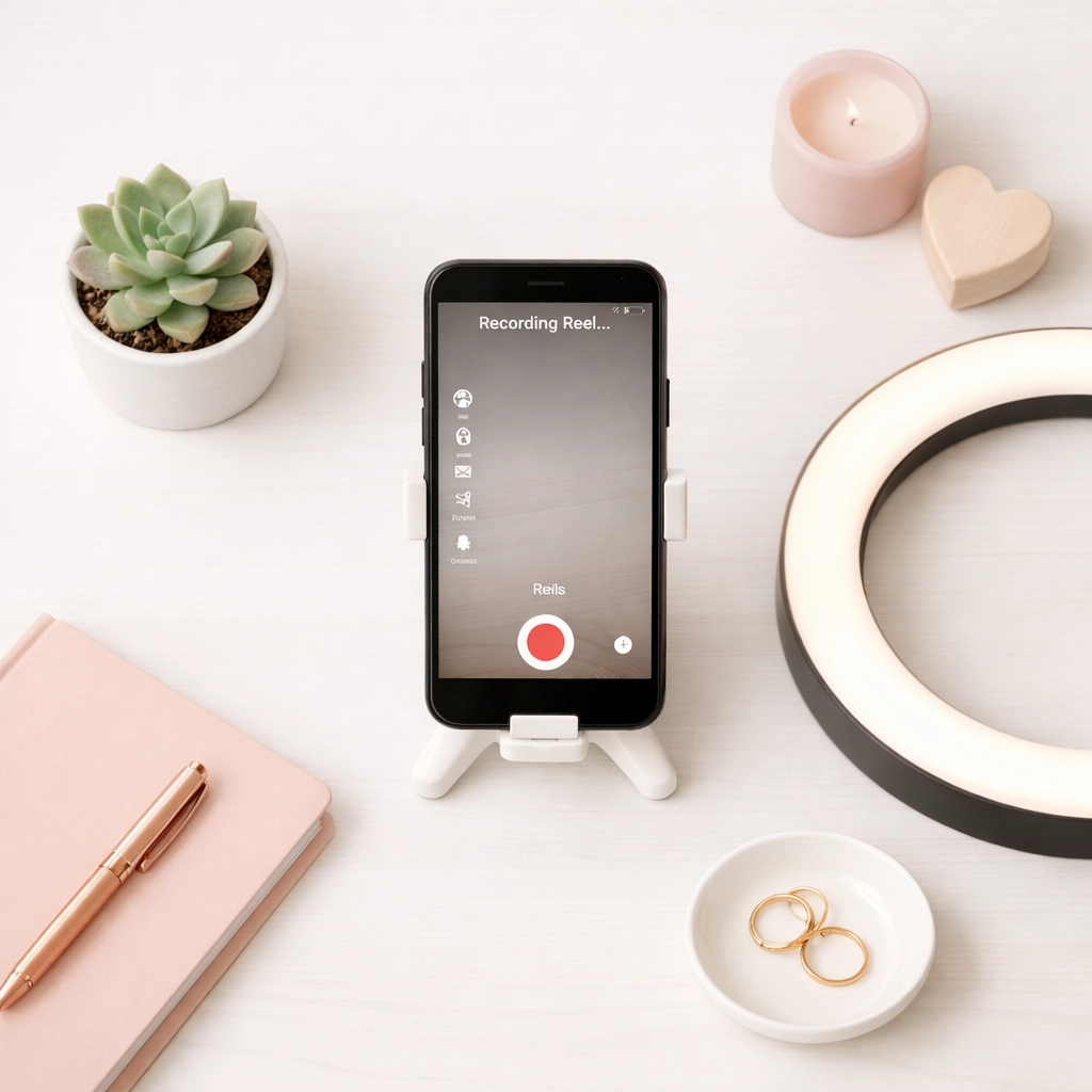 Minimalist Instagram Reels recording setup with smartphone and simple props for clean content
