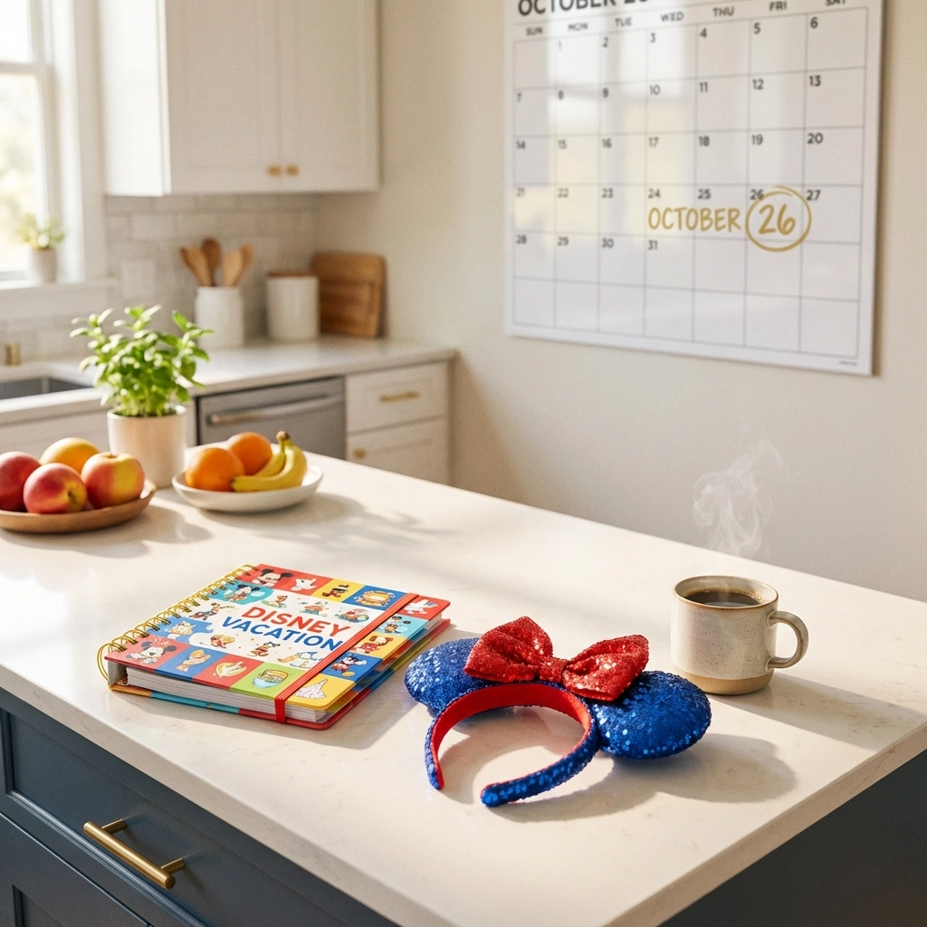 Disney vacation planning essentials and a marked calendar showing the benefit of booking early for better rates.