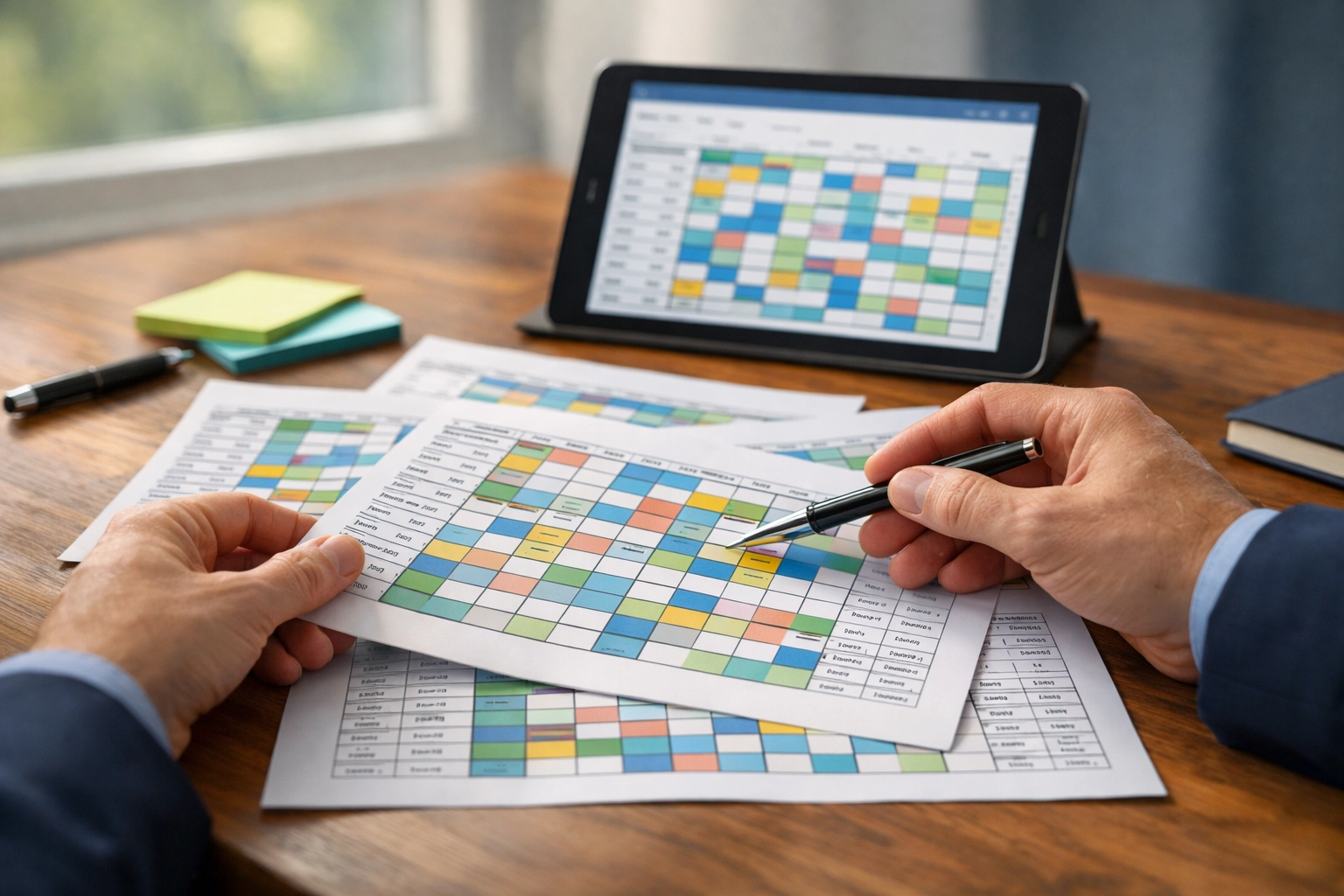 Director reviewing color-coded staff schedules for weekly compliance planning